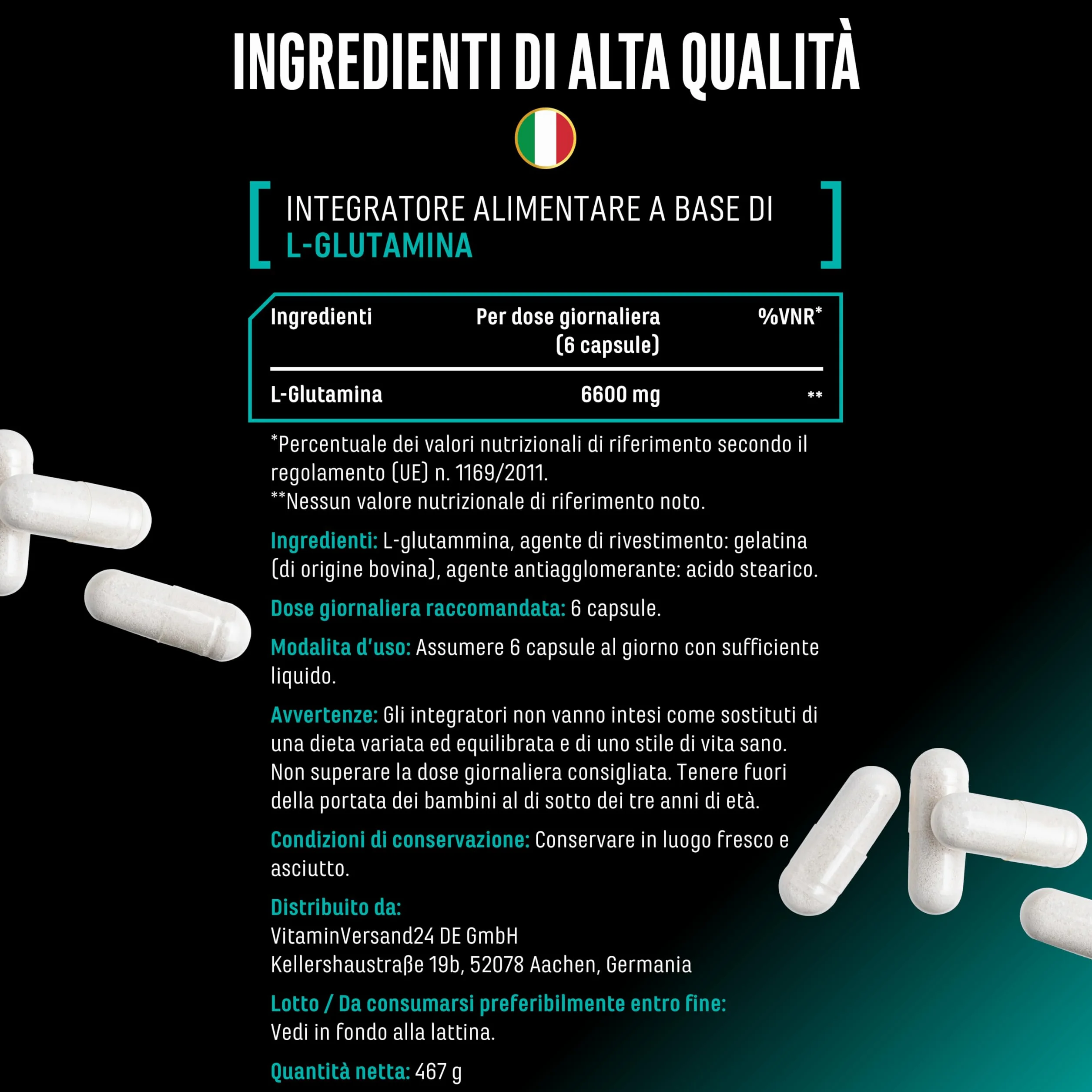 L-glutammina Ultra Caps - 365 capsule da 1100 mg - L-glutammina pura e ultra-fine in qualità premium - Extra ad alto dosaggio