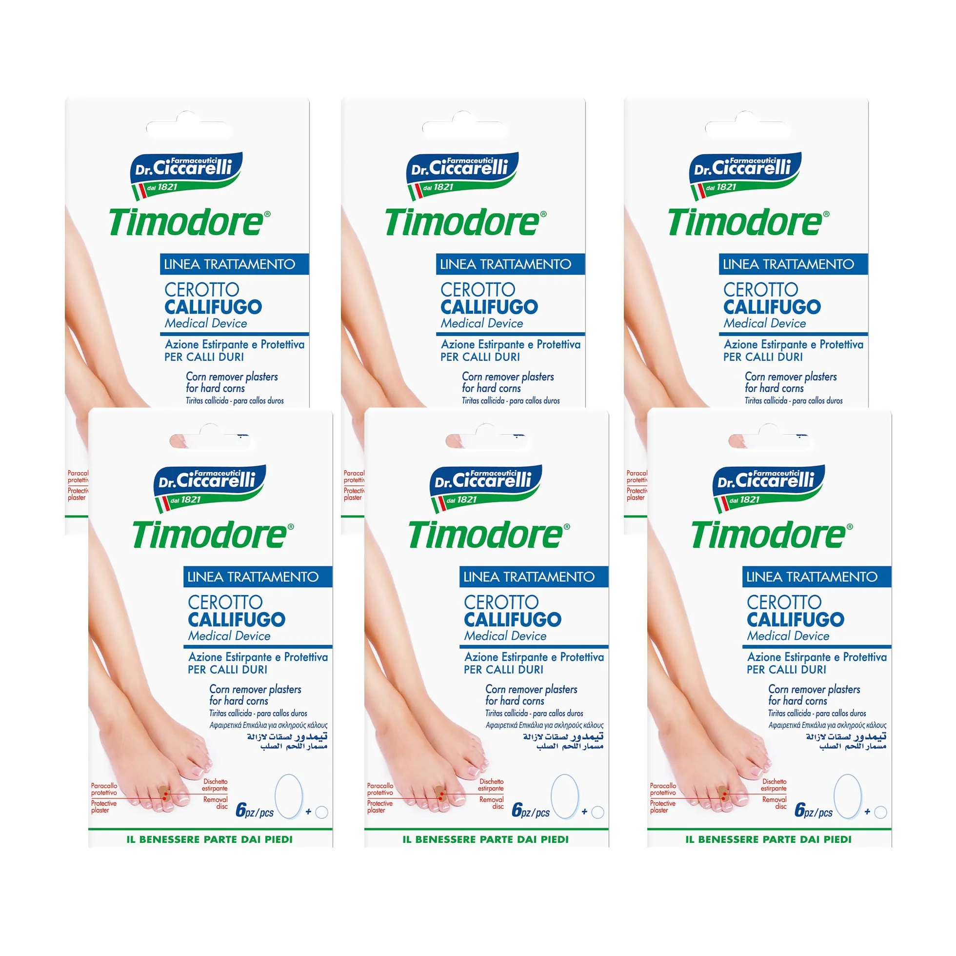 Timodore, Cerotto Callifugo per Calli Duri, Indicati per Estirpare Rapidamente i Calli Duri dei Piedi Senza Dolore, Adatto Anche per le Mani, 100% Made in Italy, Dermatologicamente Testato, 6 x 6 pz