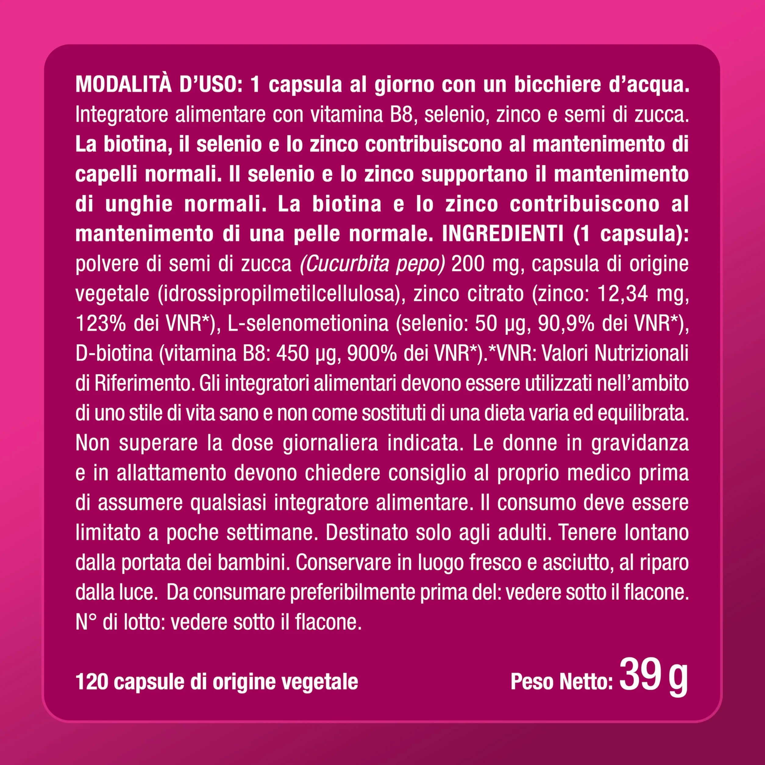 Nutrimea Biotina Capelli 120 Capsule Integratori Capelli Unghie Pelle Vitamina B8 Zinco Selenio Semi di Zucca