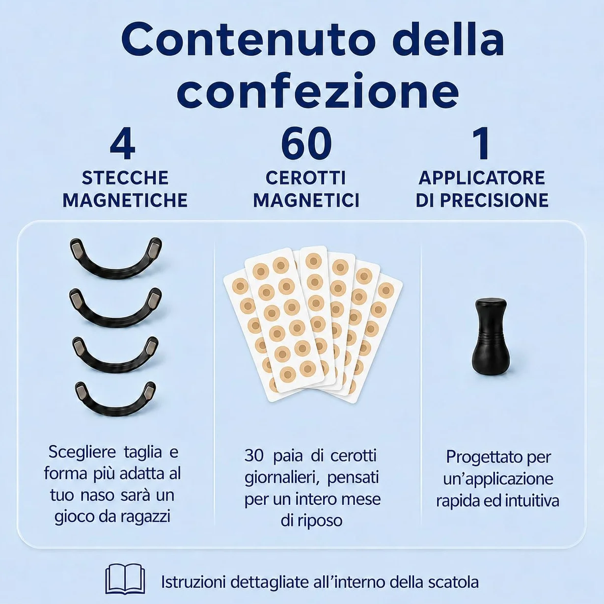 Dilatatore Nasale Magnetico 60 Cerotti Nasali Antirussamento Divaricatore Nasale Stecche Riutilizzabili Applicatore Precisione