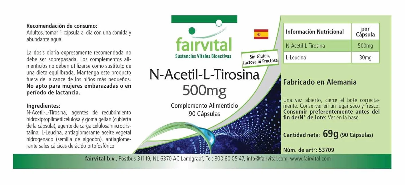 Fairvital N-acetil-L-tirosina, 90 capsule NALT, ad alto dosaggio, forma avanzata di L-tirosina