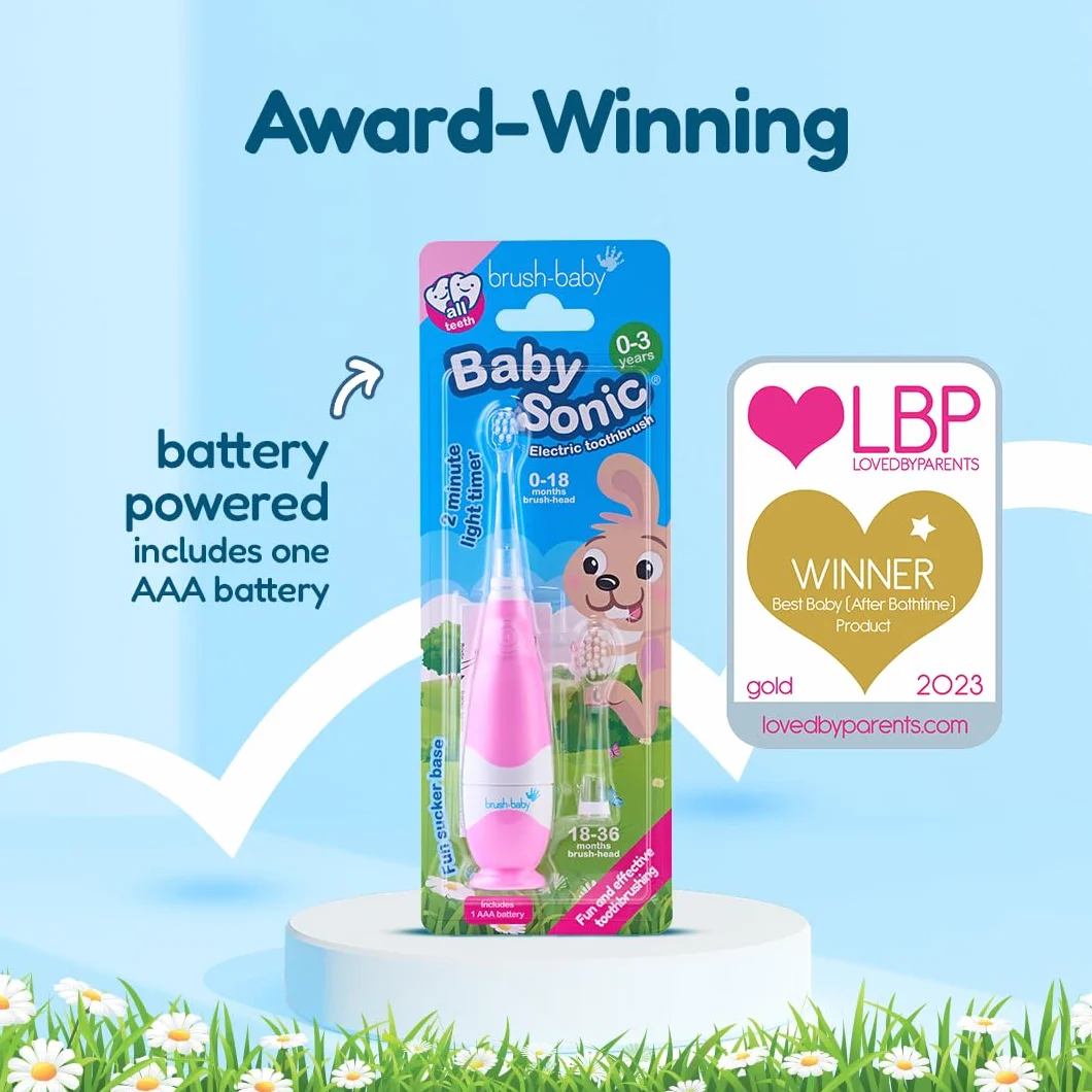 Brush-Baby - BabySonic - Spazzolino elettrico rosa, 0-36 mesi, morbido e delicato, per gengive sensibili e denti nuovi, con luce LED e base di aspirazione, testine per neonati e bambini