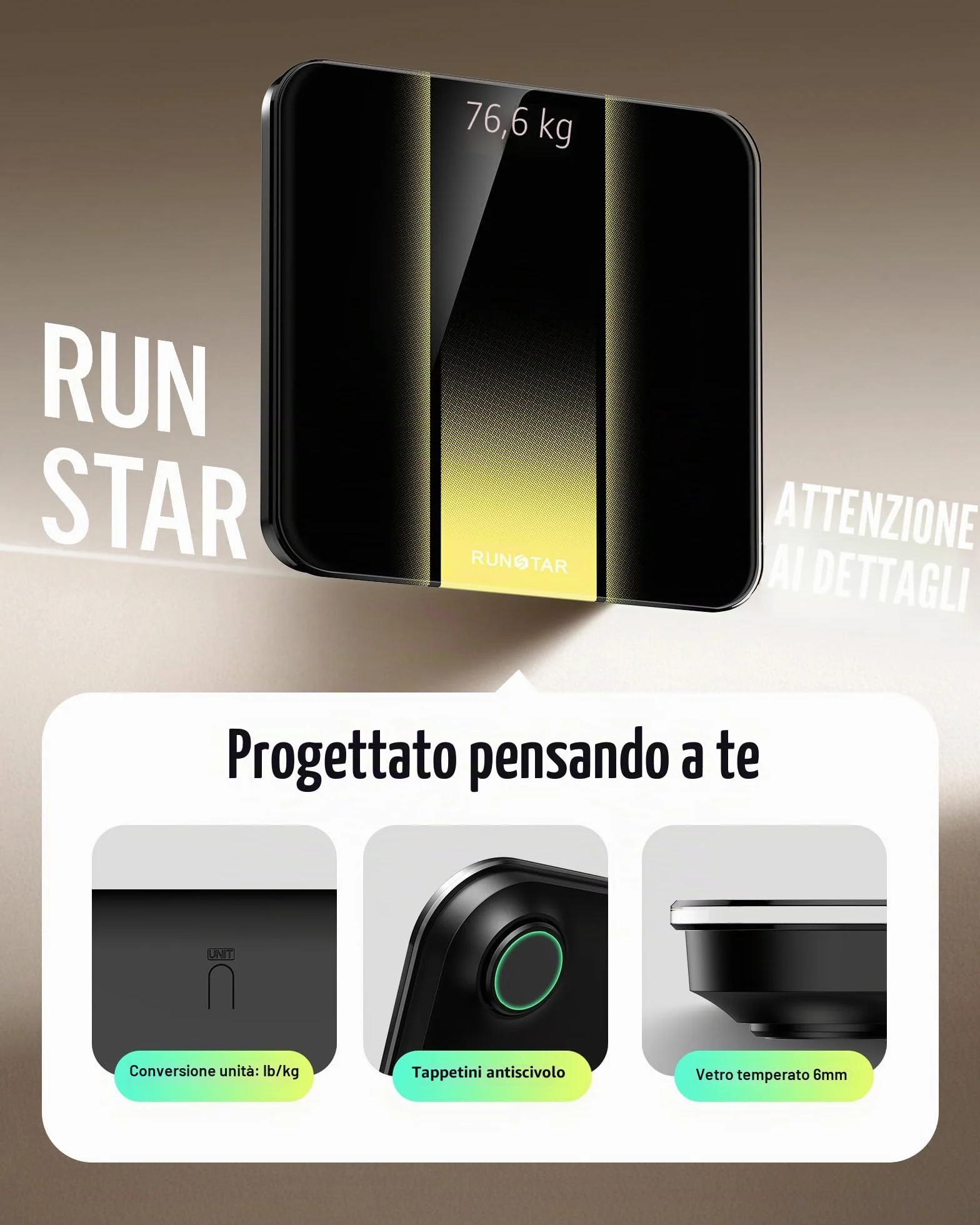 RunStar Bilancia Pesapersone Digitale Professionale, Max 180 kg, Display LED, Vetro Temperato 6 mm