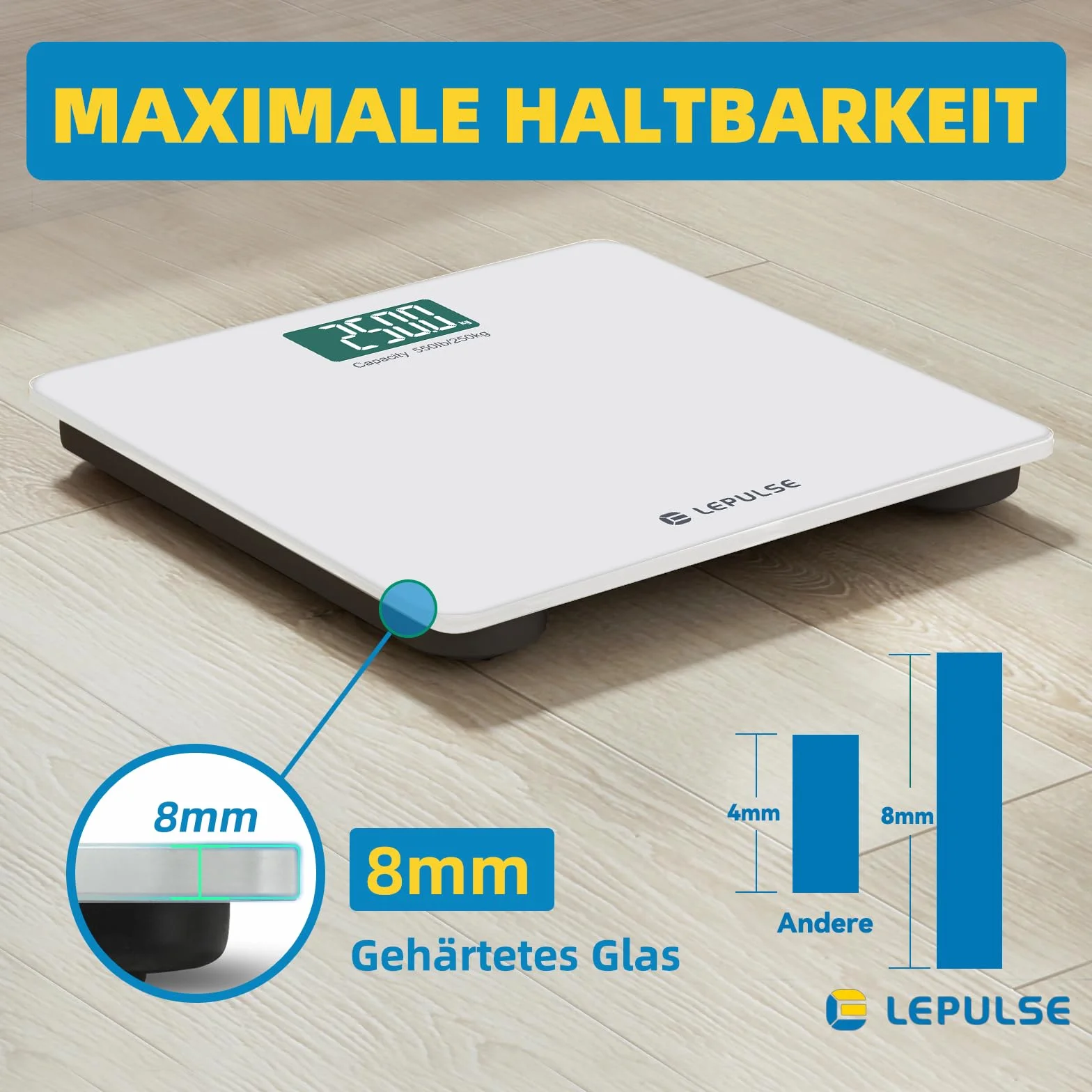 Lepulse Bilancia Pesapersone Digitale Vetro Temperato 33x30cm 250kg Bluetooth BMI