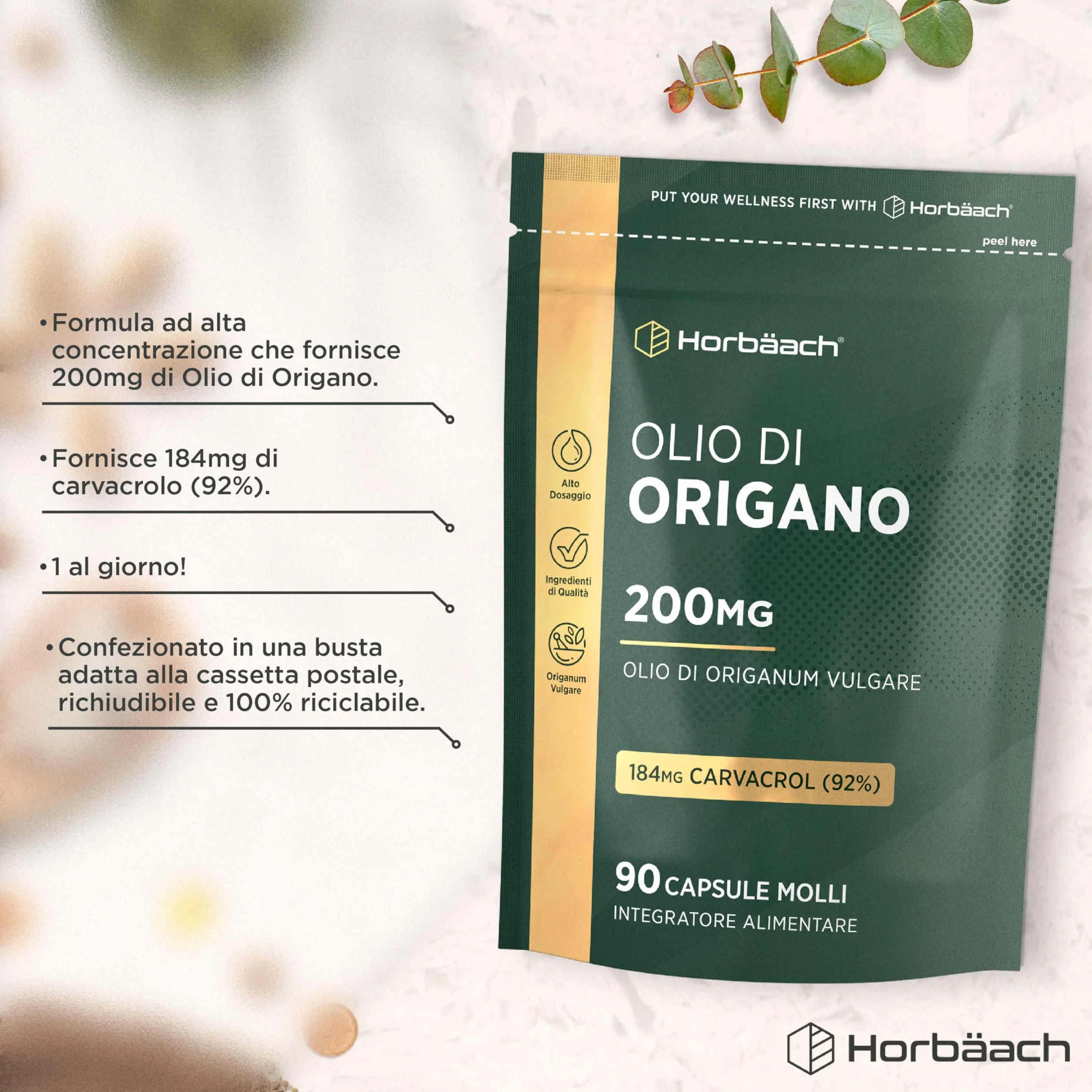 Horbaach Olio di Origano Capsule 200mg 90 Capsules 184mg Carvacrolo Alto Dosaggio