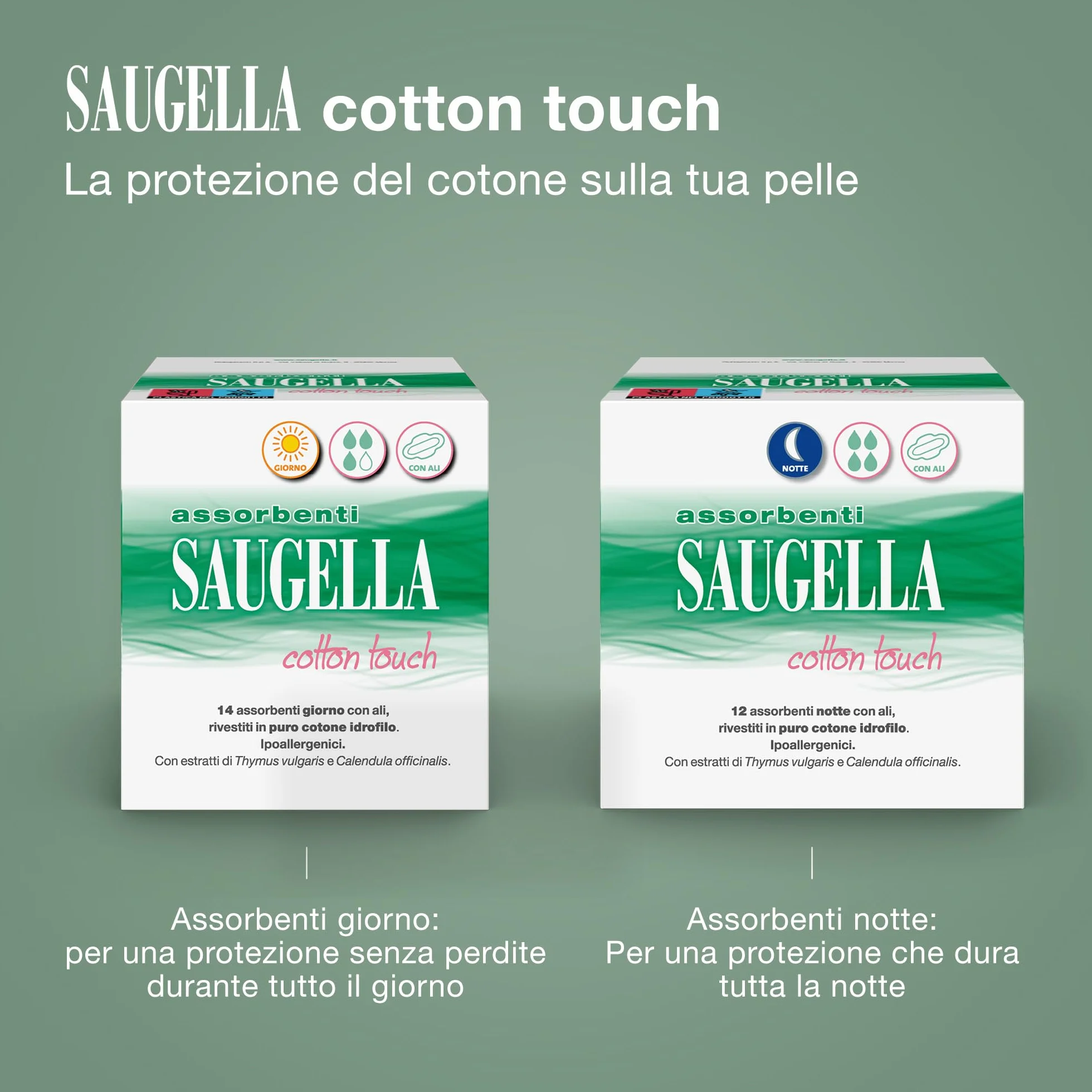 Saugella Assorbenti Cotton Touch Giorno 56 sztuk z Ali, Antybakteryjne, Antyodorowe, Łagodzące