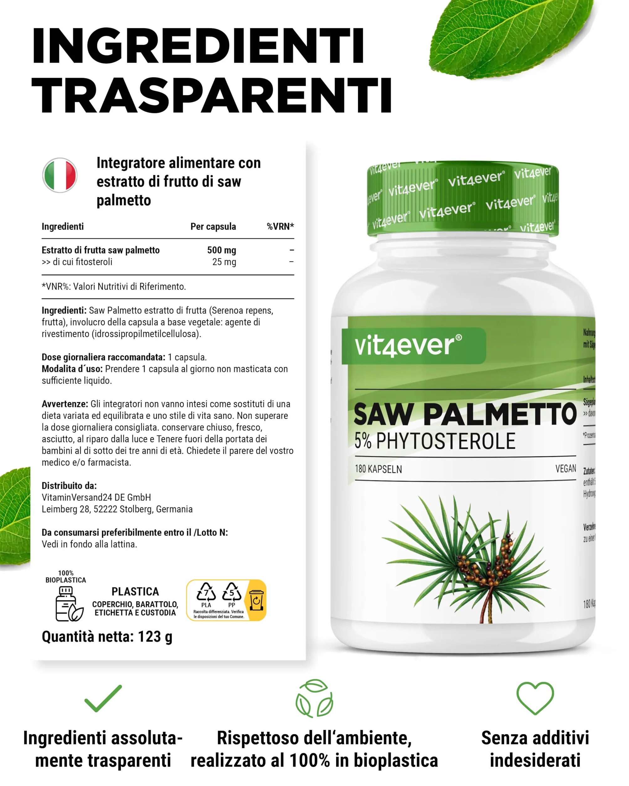 Vit4ever Estratto di Saw Palmetto 180 capsule 500 mg 5% fitosteroli 25 mg Vegano