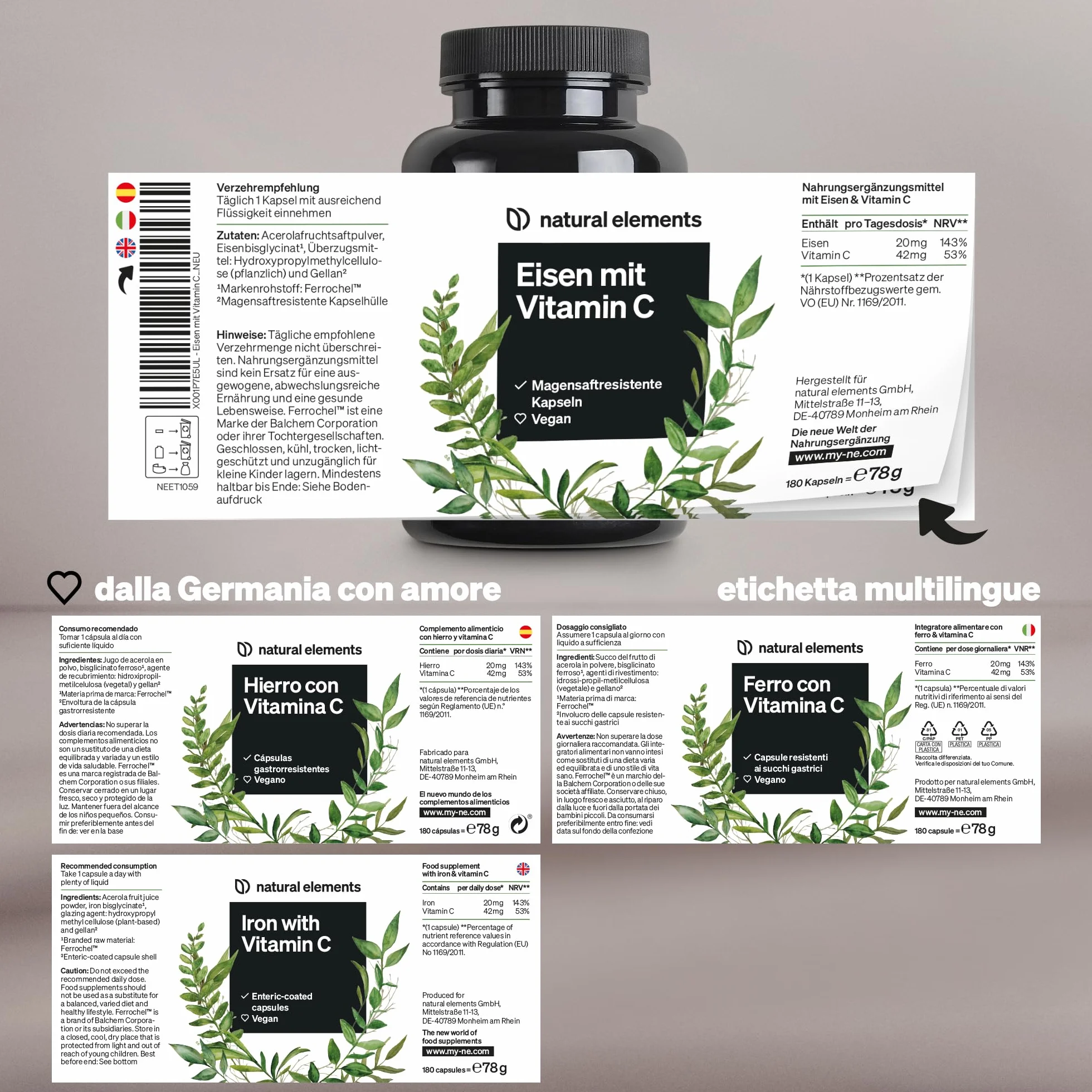 Integratore Ferro 20 mg (da bisglicinato ferroso) per capsula – con 42 mg di vitamina C naturale – vegano, insapore – 180 capsule – materia prima pregiata: FerrochelTM (chelato di ferro)