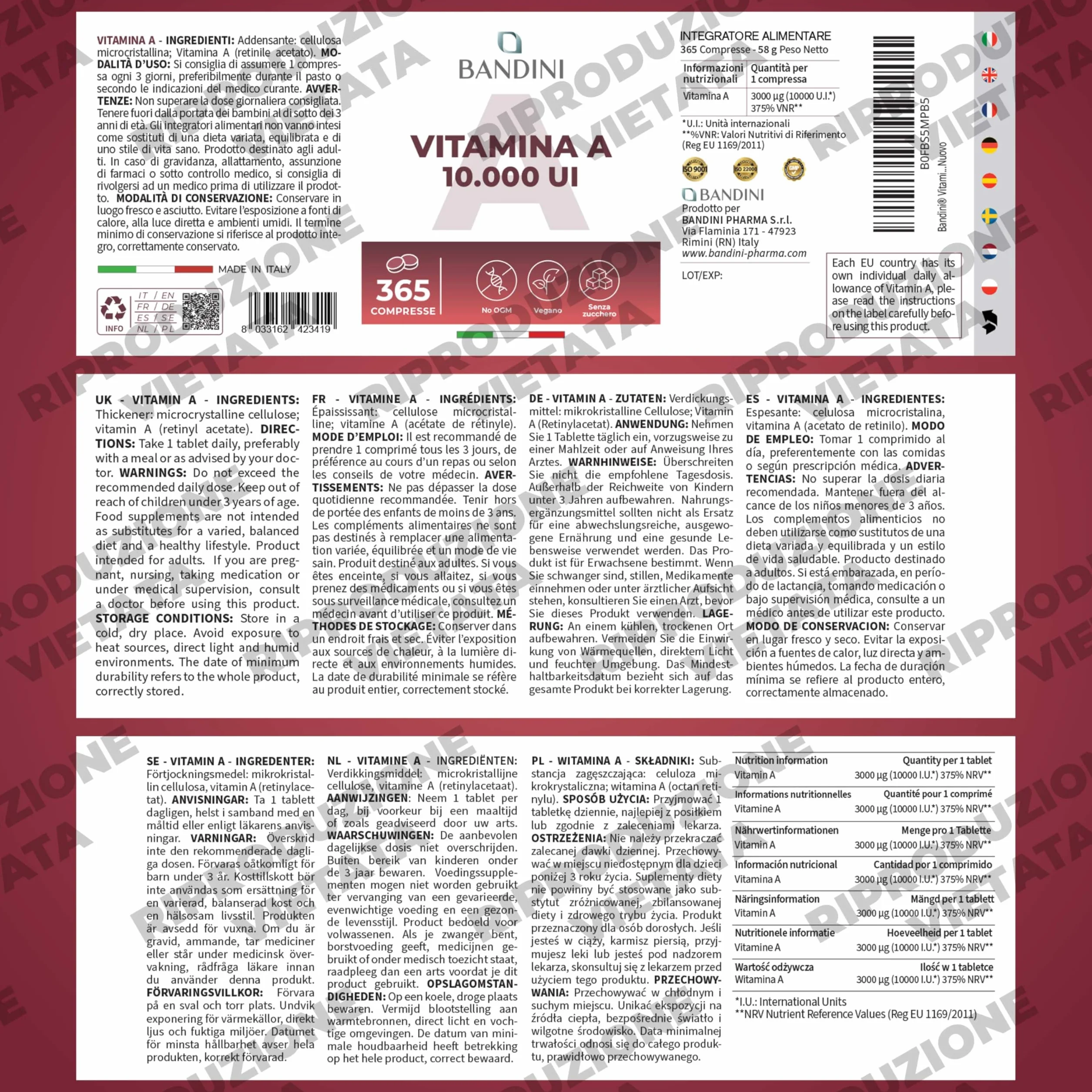 Bandini® Vitamina A Pura, 365 Microcompresse Vegane (1+ Anno di fornitura), Contribuisce al Mantenimento di Pelle e Vista Normali, Acetato di Retinile, Alternativa a Vitamina A Gocce, No OGM