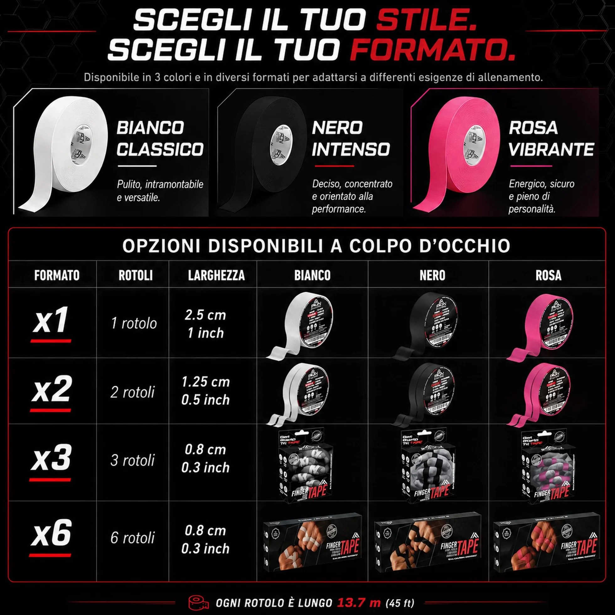 Tape Sportivo Dito 13,7m BJJ Brazilian Jiu Jitsu Arrampicata Grappling Judo Pallavolo Culturismo Taping