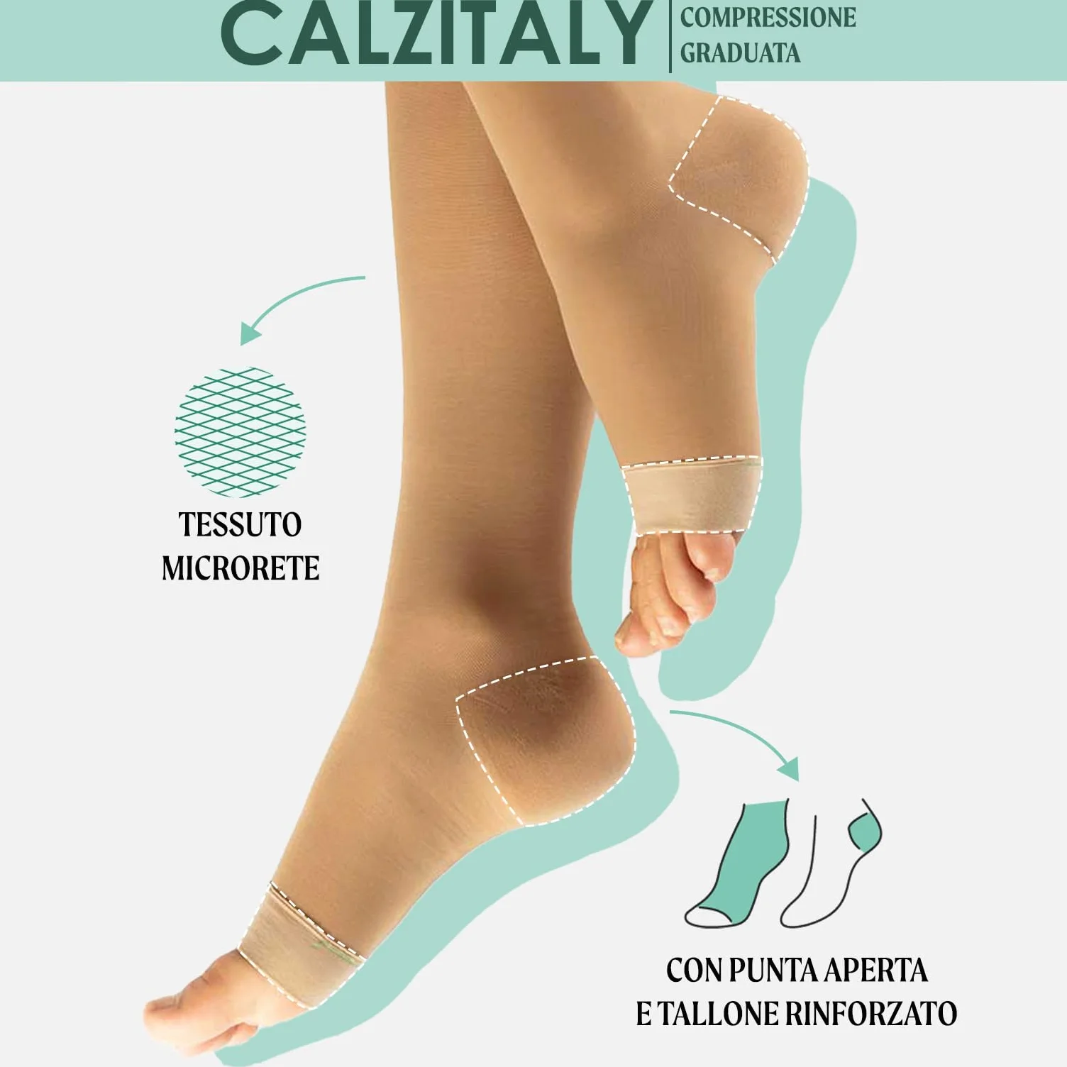 CALZITALY Gambaletti Compressione Graduata Forte 140 DEN 15/21mm/Hg Punta Aperta Beige S/M