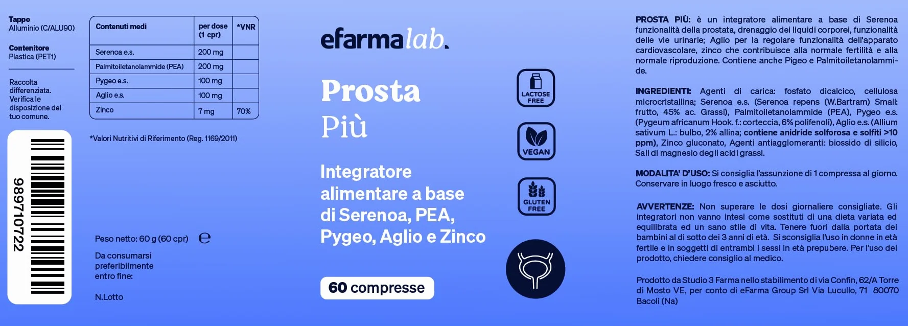 eFarmaLab Integratore per la Prostata con Serenoa Repens, Pygeum, PEA e Zinco 60 Compresse Made in Italy