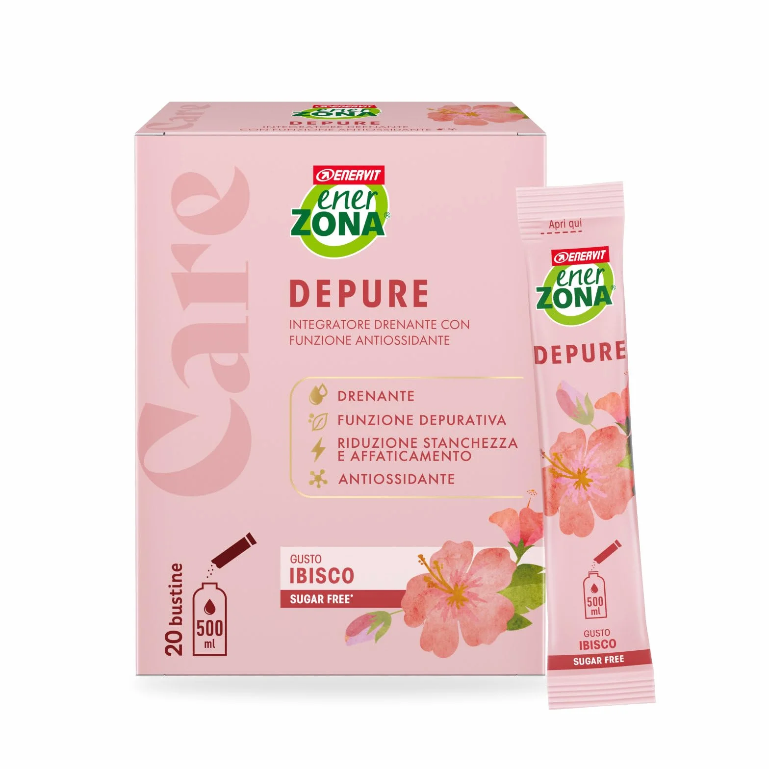 Enervit EnerZona Care Depure Integratore Alimentare Drenante Antiossidante 20 Bustine Zero Zuccheri Gusto Ibisco