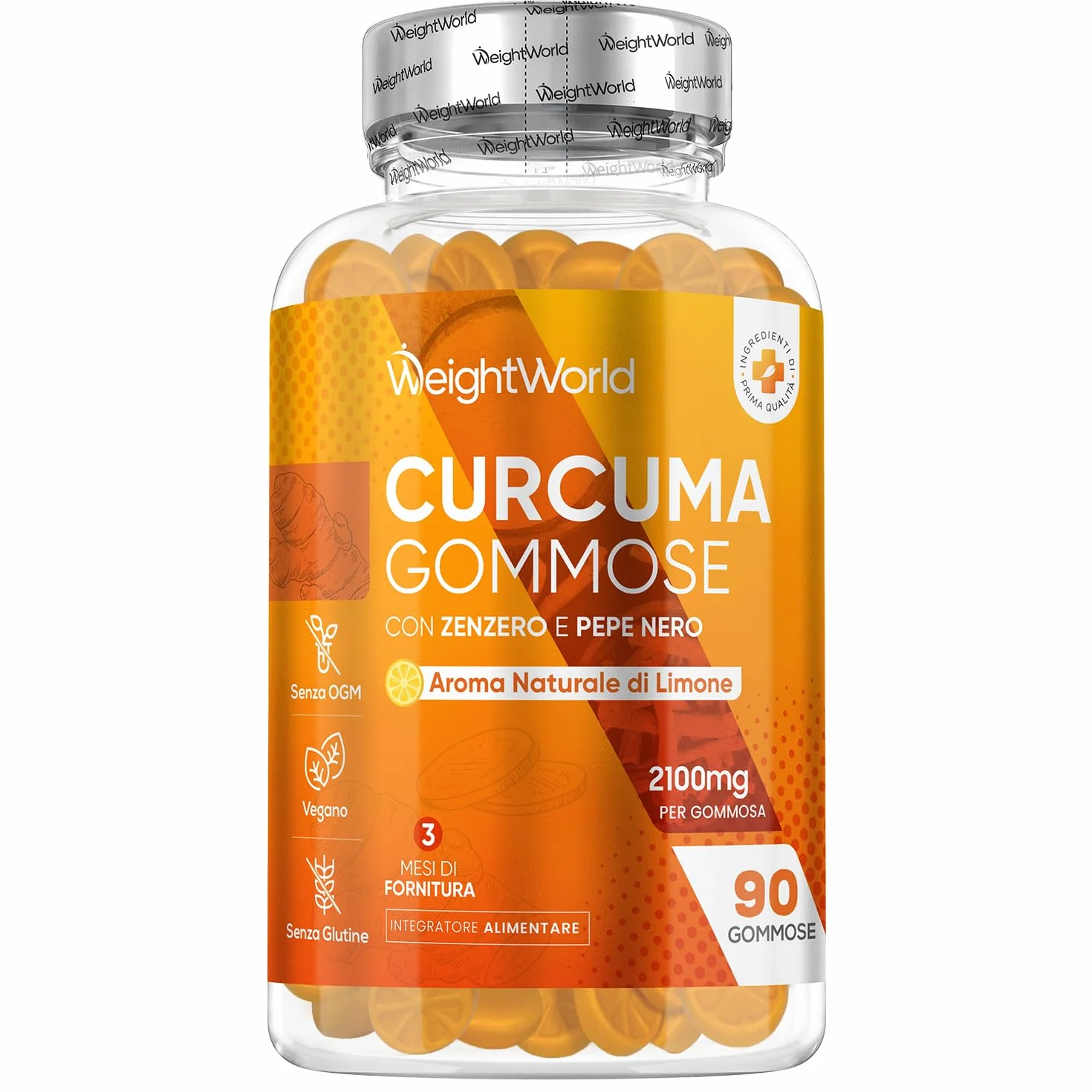 Curcuma Longa con Zenzero e Pepe Nero, 90 Gommose Vegane, 2100mg, 95% Curcuminoidi, Senza Glutine