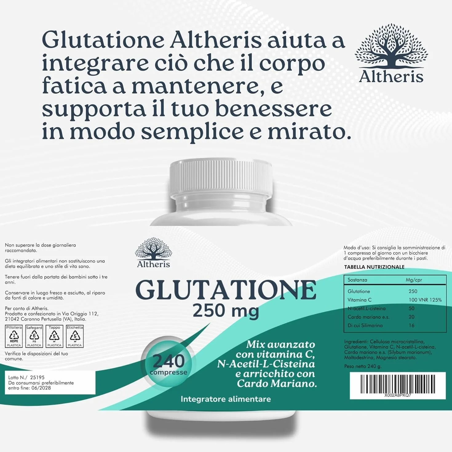 Glutatione Forte 240 Compresse 250mg con Nac N-Acetil-Cisteina, Vitamina C e Cardo Mariano - Potente Antiossidante Integratore Detox Anti-Age