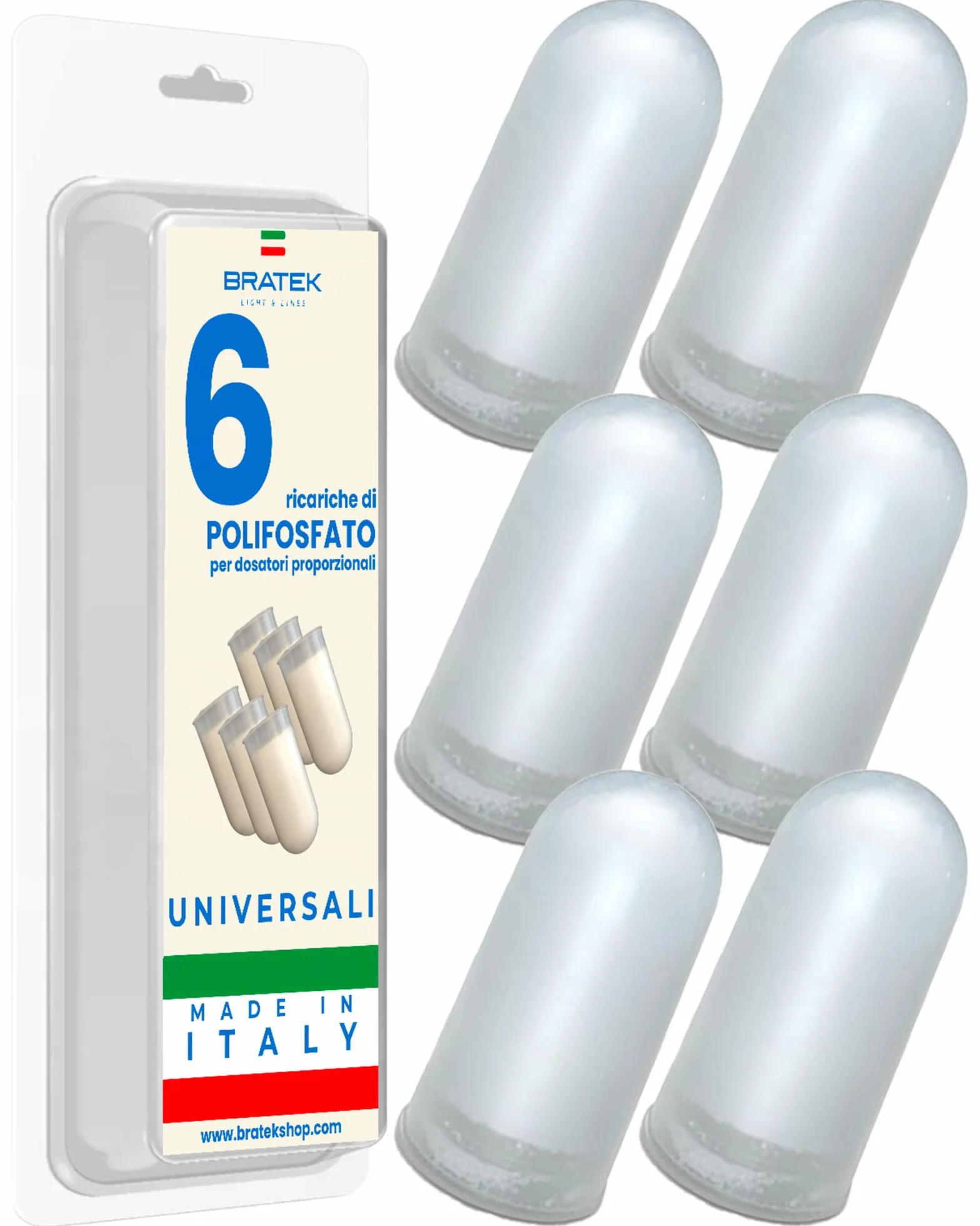 Bratek Polifosfati per Caldaia Ricarica Cartucce Universali Made in Italy - 6 Cartucce Dosatore Compatibili Filtro Anticalcare Standard