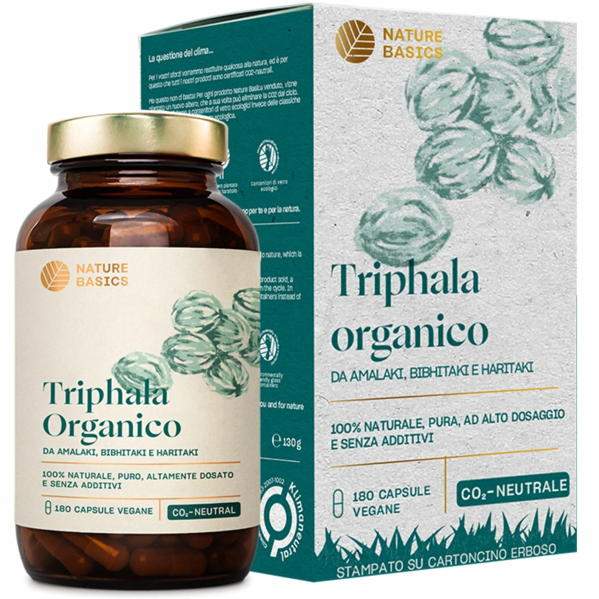 Nature Basics® BIO Triphala capsule certificate e in barattolo | Triphala ayurvedica altamente dosata con 1.500 mg per dose giornaliera | 180 capsule testate in laboratorio e provenienti da DE