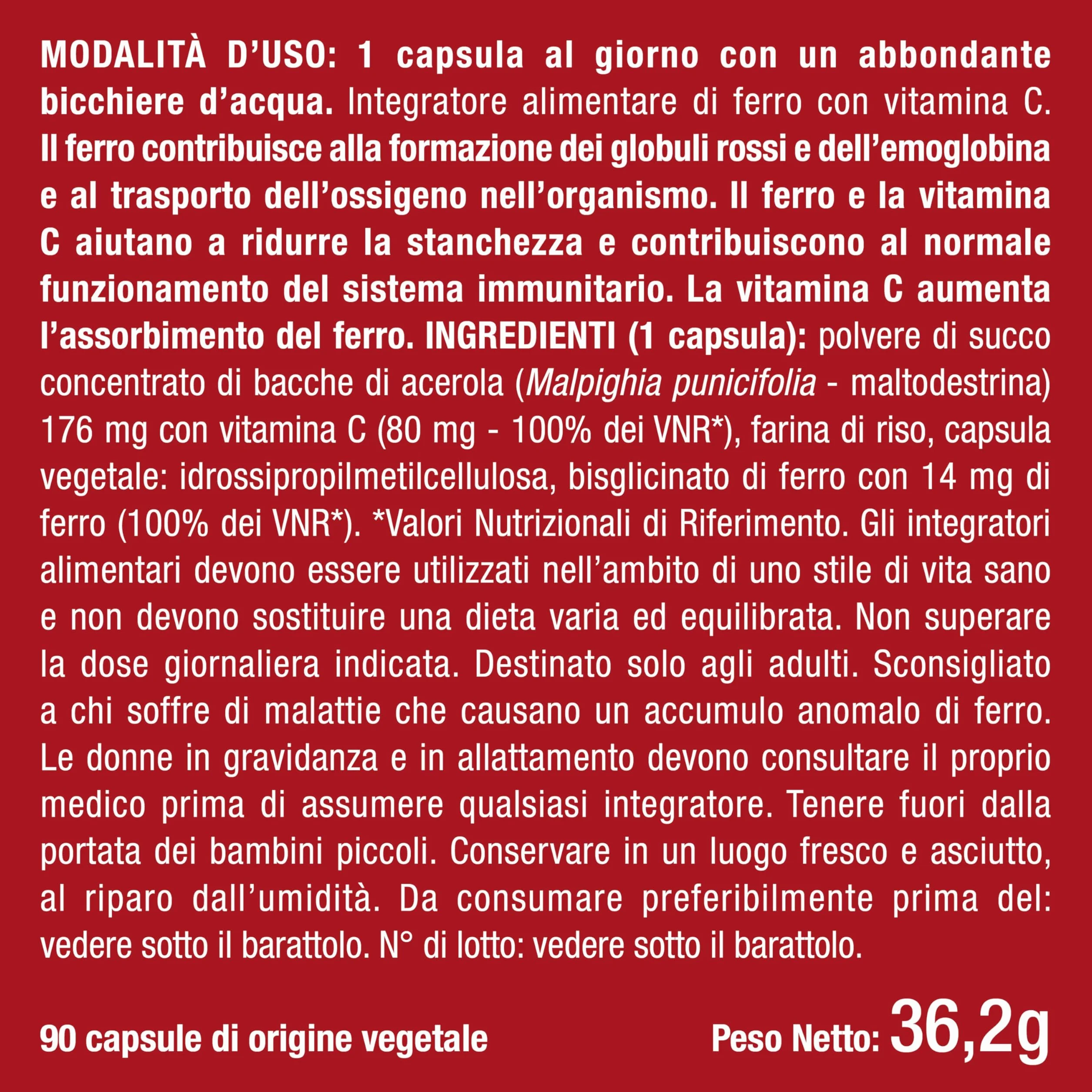 Ferro Bisglicinato | Integratore con Vitamina C | Per Stanchezza Fisica e Anemia | Elevata Tollerabilità Intestinale | Normale Funzione dei Glubuli Rossi e dell'Emoglobina | 90 Capsule