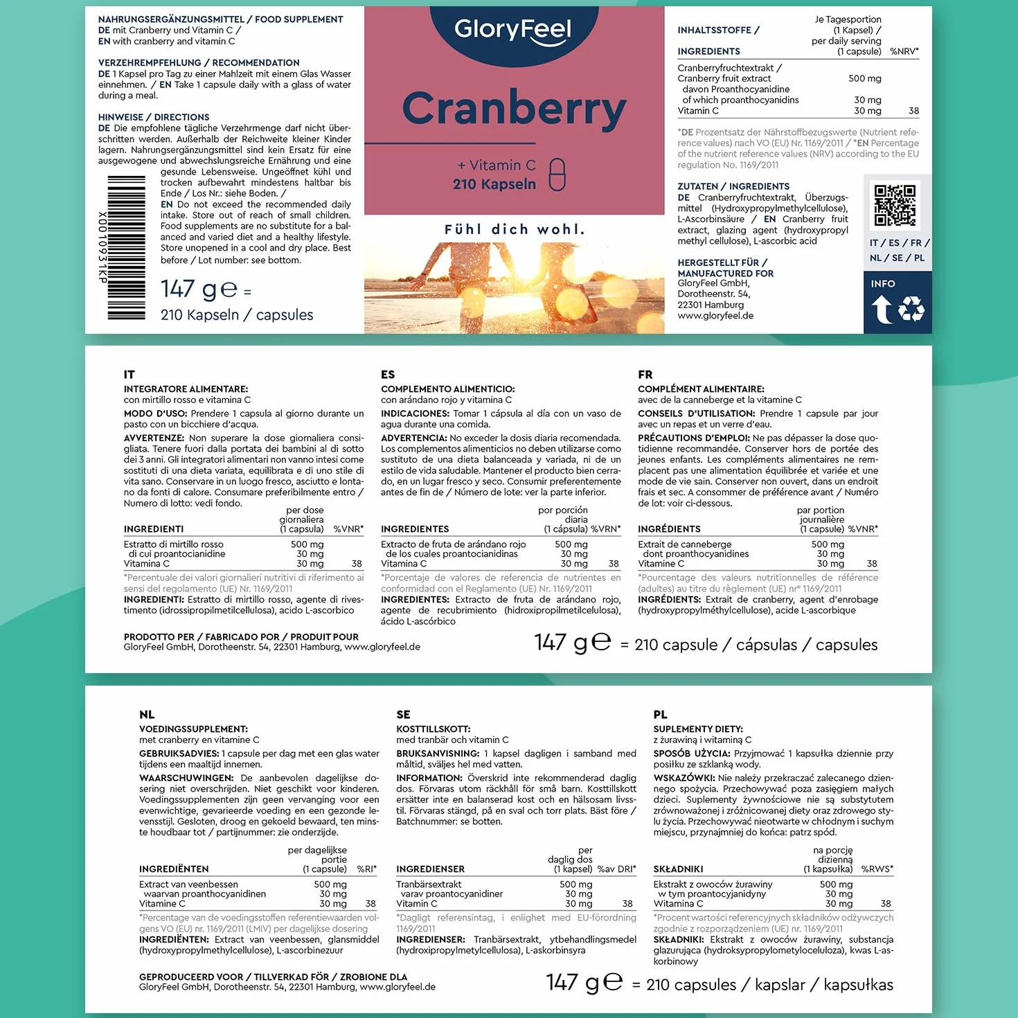 Cranberry Capsule 210 con Estratto di Mirtillo Rosso + Vitamina C, Integratore ad Alto Dosaggio per Vie Urinarie, Vegan