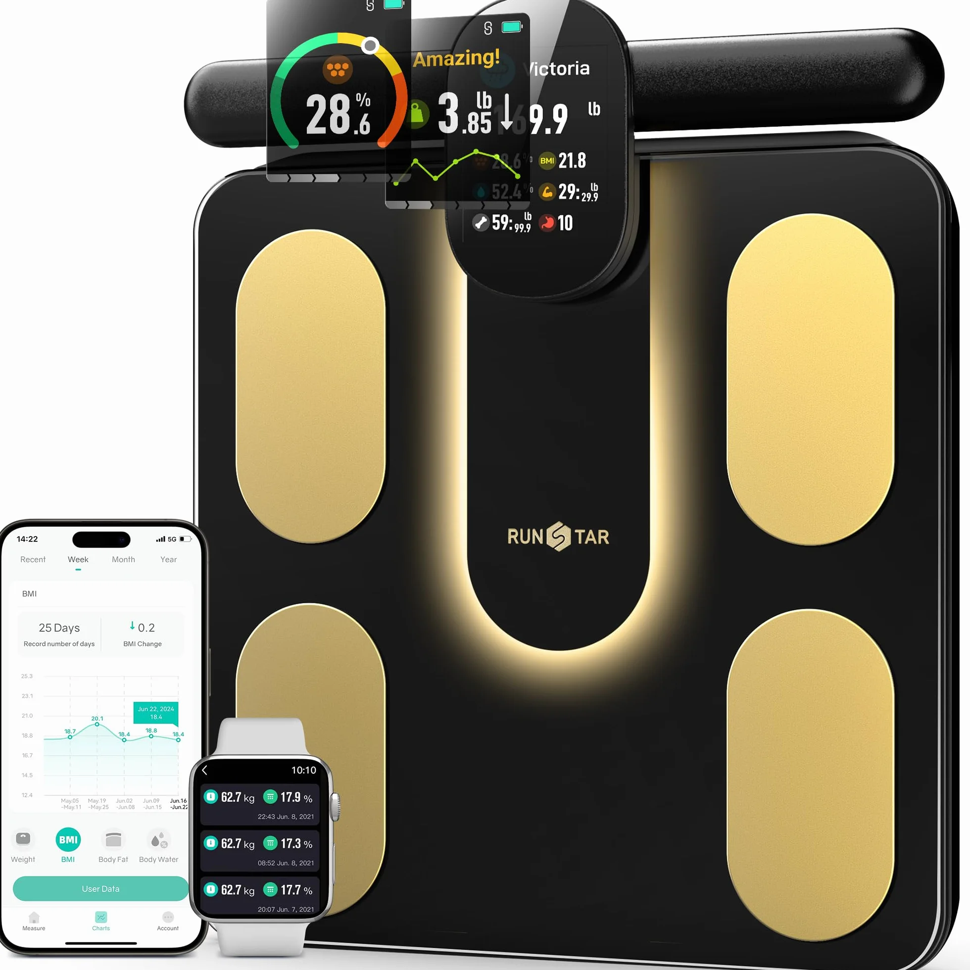 RunStar Bilancia pesapersone digitale smart 8 elettrodi peso corporeo grasso BMI massa muscolare 28 misurazioni composizione corporea LCD TFT a colori maniglia retrattile