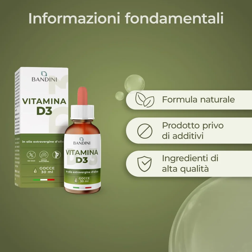 Bandini® Vitamina D3 | 2000 UI per Goccia | Integratore in Olio Extravergine di Oliva | 30ml con Contagocce | Supporto per Ossa, Denti e Sistema Immunitario | Alta Biodisponibilità | Facile Assunzione