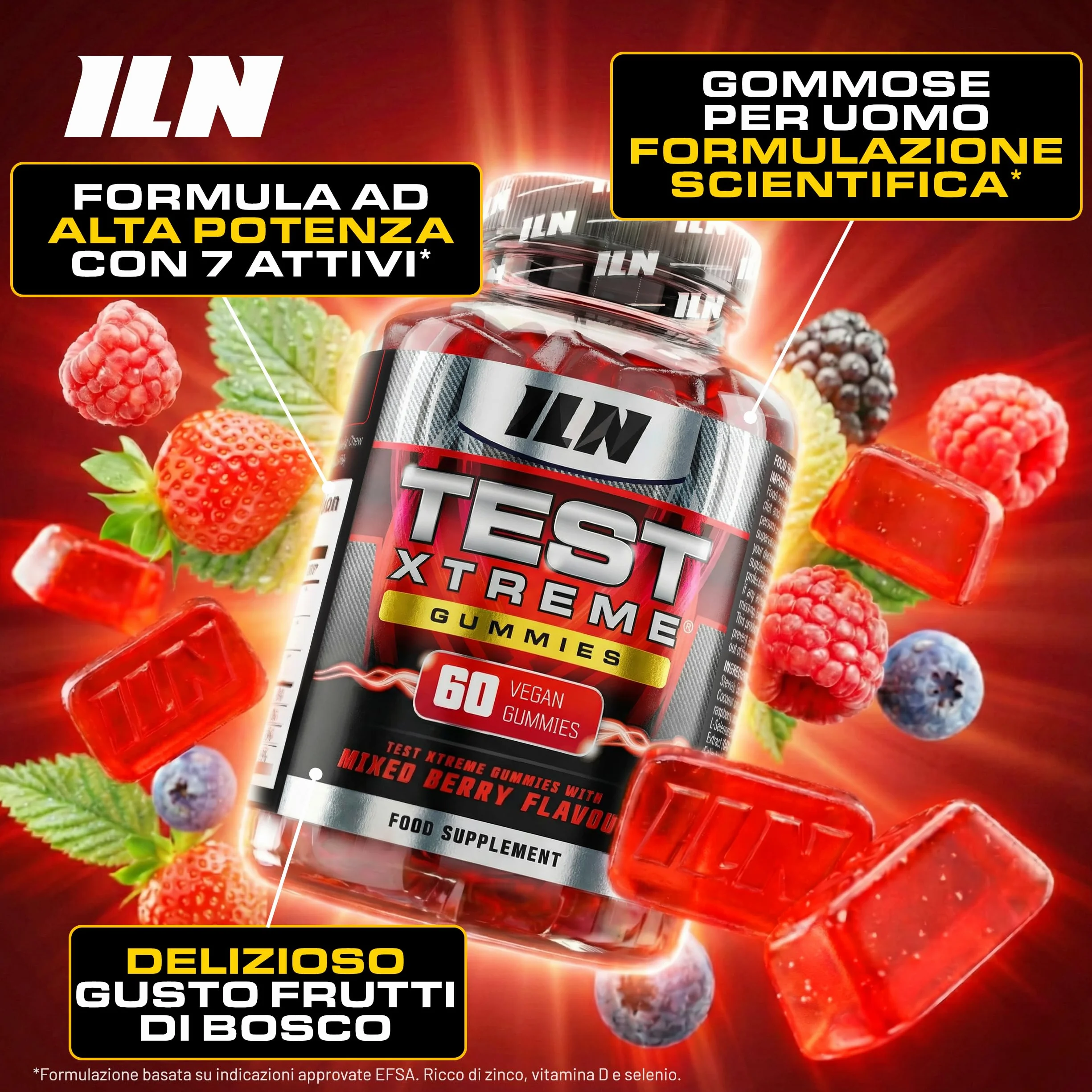 Test Xtreme Gommose Uomo - Maca 30:1, Ginseng, Zinco - Senza Zuccheri, Gusto Frutti di Bosco - 60 Gommose Vegane