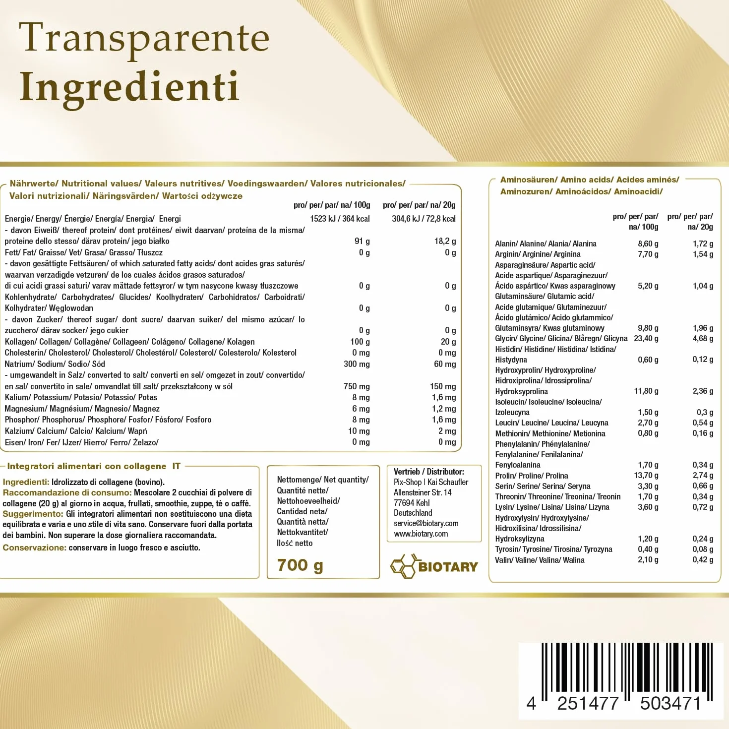 Collagene in polvere 700g Idrolizzato puro Peptidi 1-2-3 Senza additivi Sapore neutro