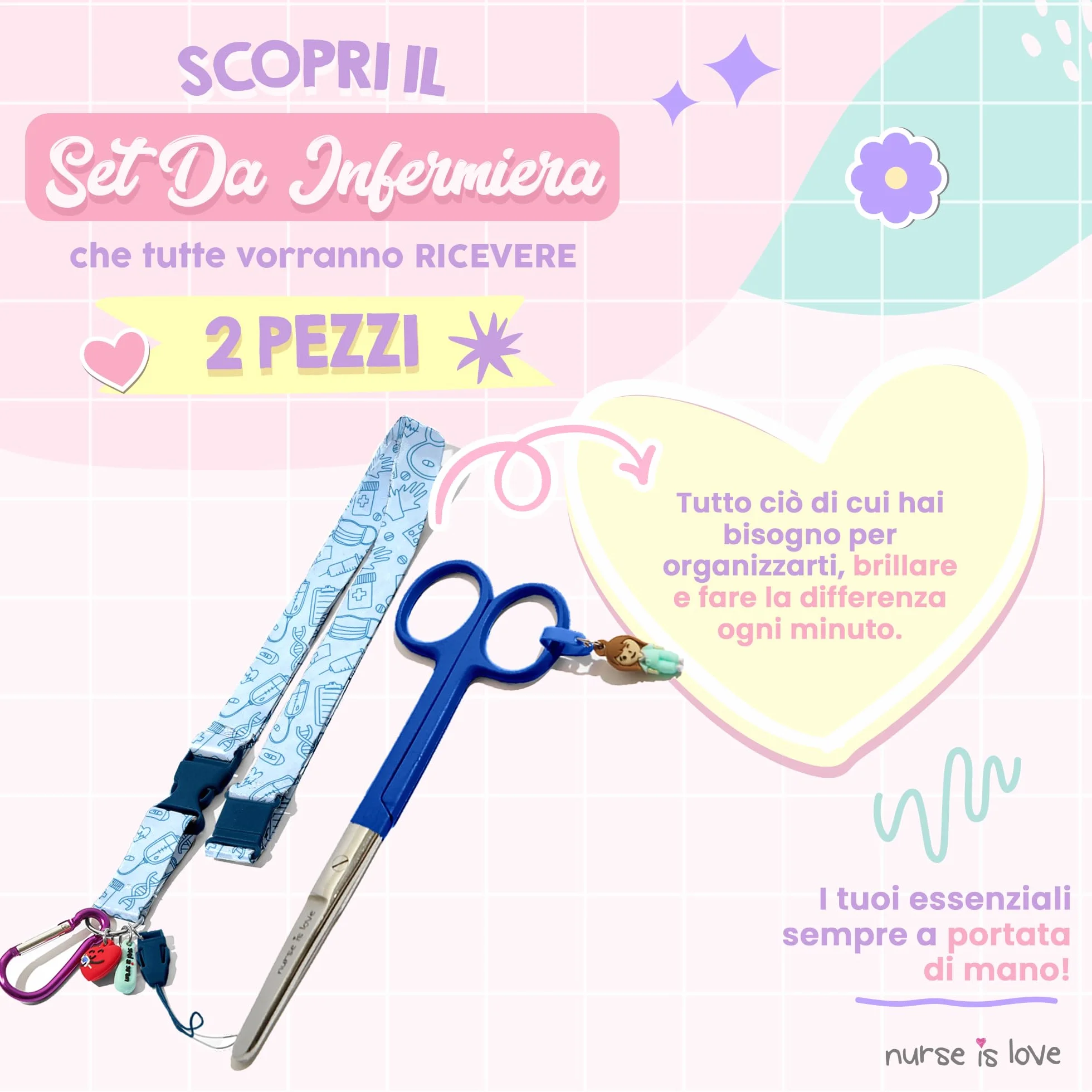 Nurse is Love Set Infermiera e TCAE (2 pezzi). | Porta Badge da Collo - Portachiavi Collo + Forbici Infermiere Mayo | Regali Personalizzati - Kit Accessori - BLU