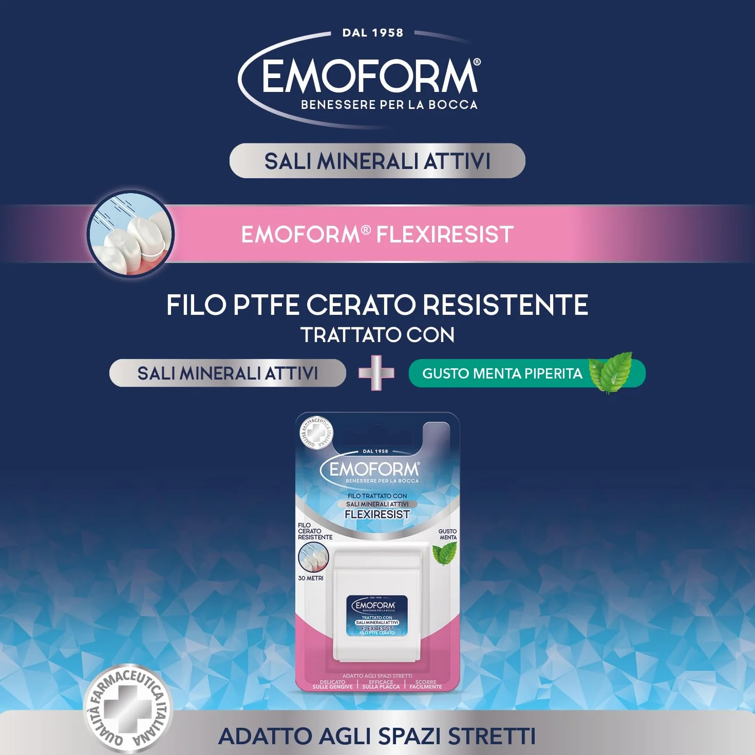 Emoform Filo Interdentale Flexiresist Cerato - Trattato con Sali Minerali e Menta, 30mt - Delicato sulle Gengive Infiammate con Scorrevolezza Ottimale per una Pulizia Denti Profonda.