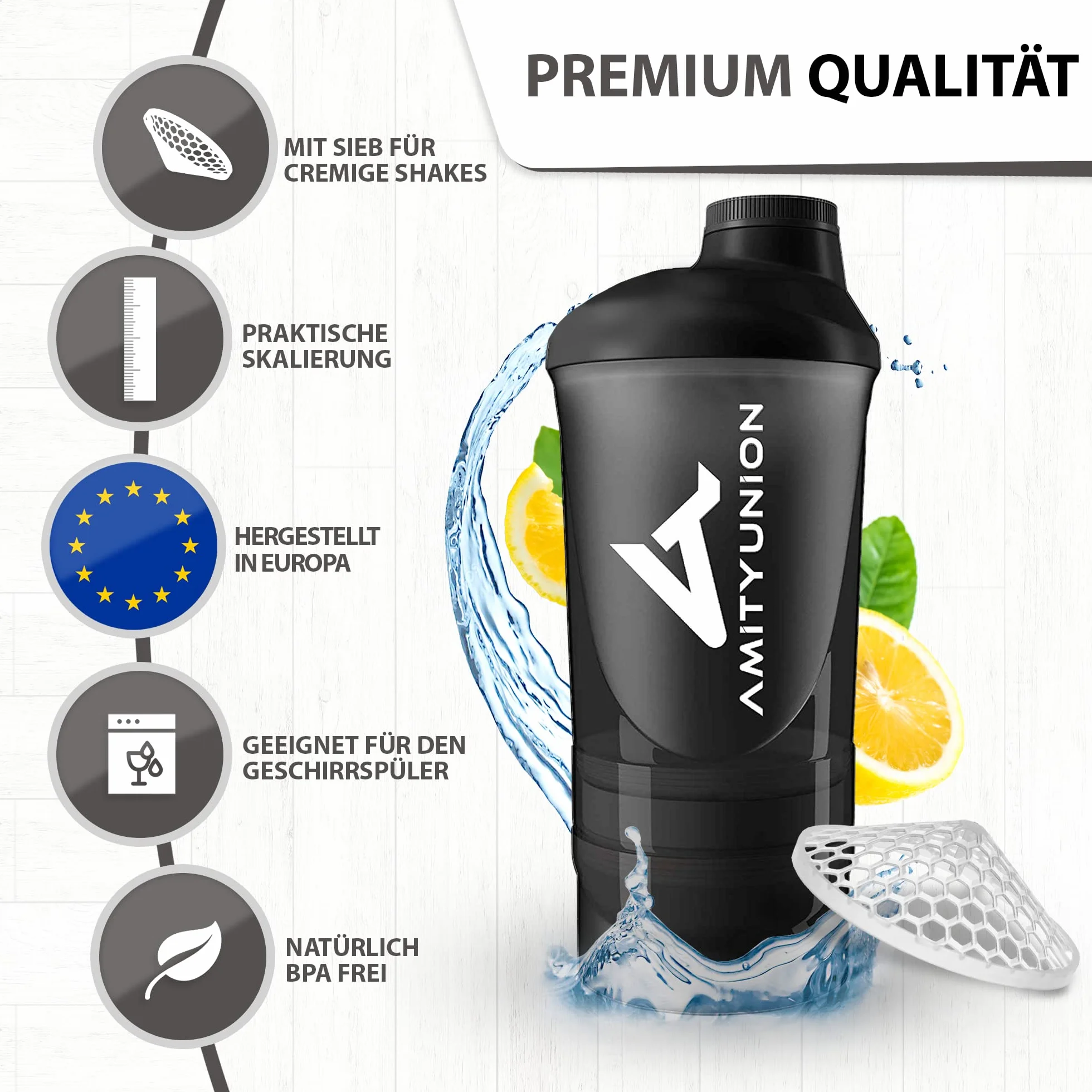 AMITYUNION Shaker per proteine ​​- L'ORIGINALE Senza BPA con setaccio, scala per frullati di siero di latte cremosi, tazze Gym Deluxe per isolati e concentrati sportivi, (Tazza fumogena nera)