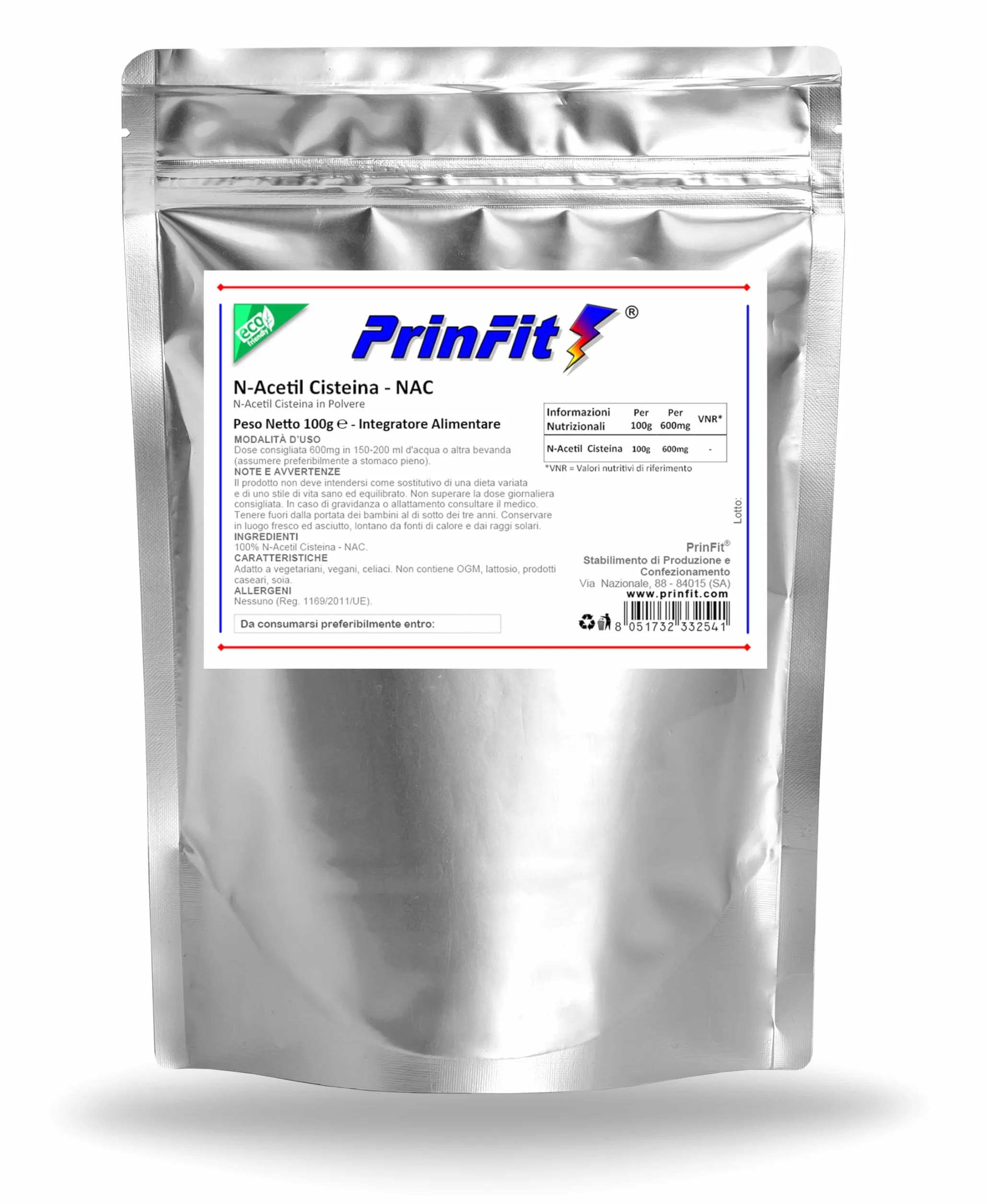 100g - N-Acetil Cisteina - NAC 100% Pura in polvere | Integratore Alimentare Certificato | Senza Additivi | Made in Italy | Elevata biodisponibilità | Vegano | PrinFit