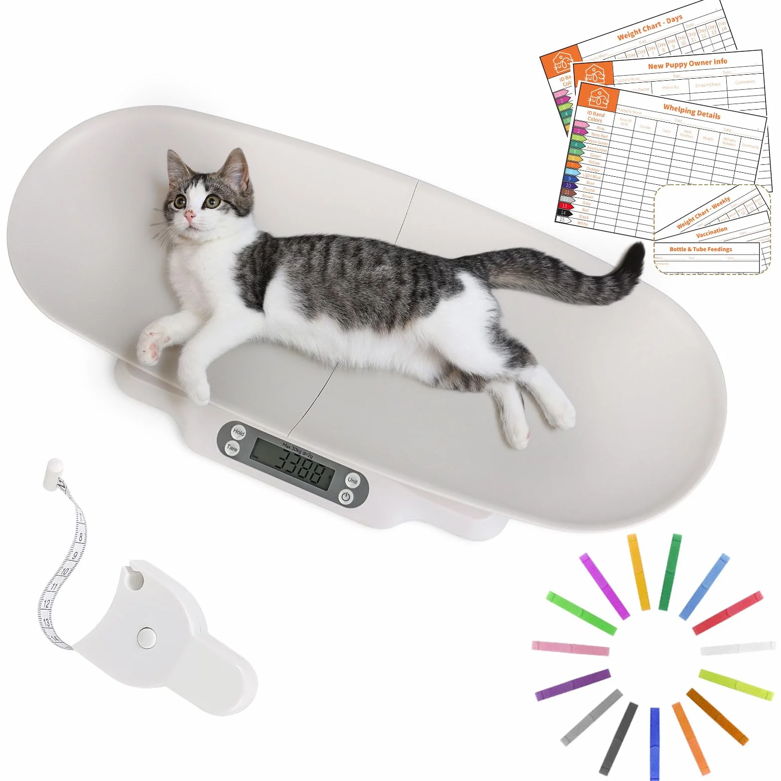 Bilancia digitale per animali e neonati con ciotola rimovibile, display LCD, 30 kg
