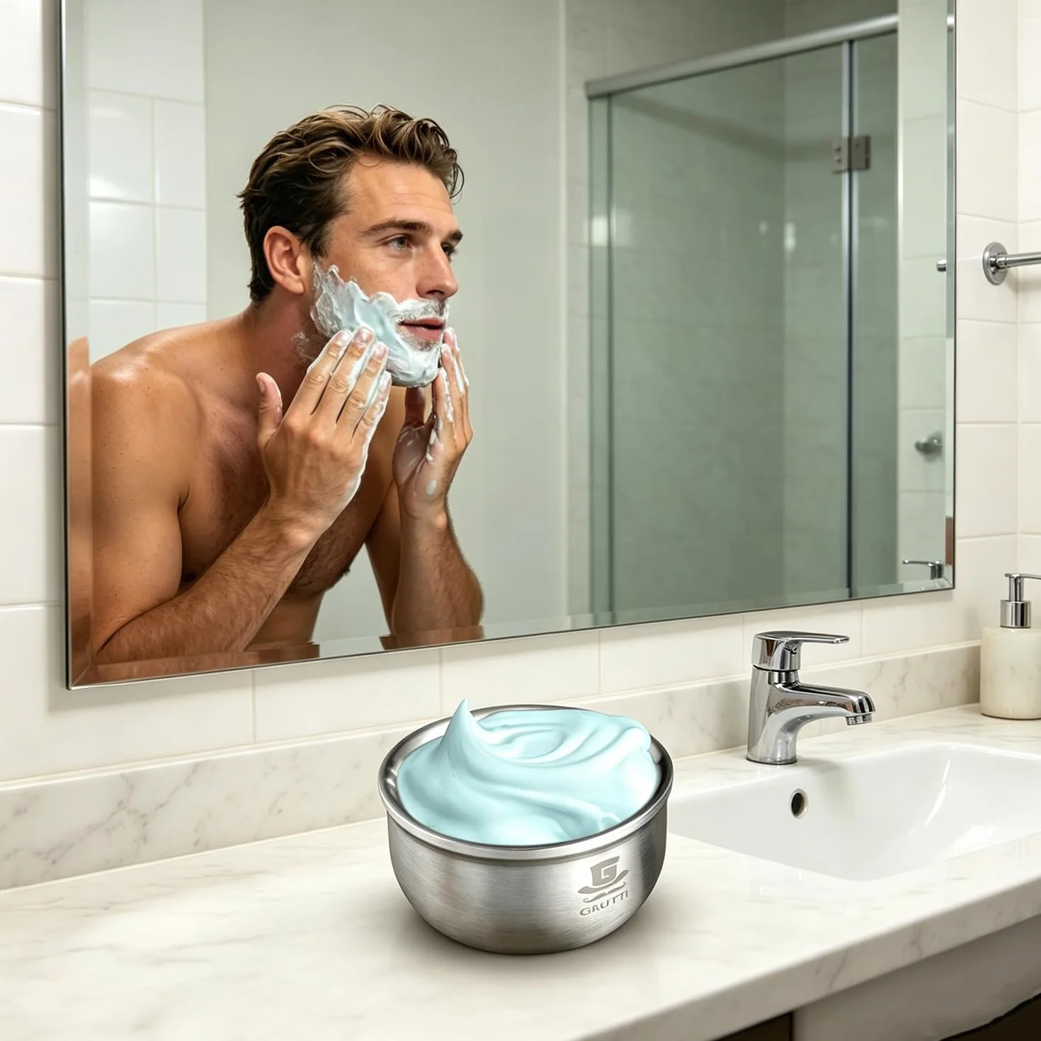 GRUTTI Ciotola da barba in acciaio inox per uomini durevole Shaving Bowl con ampia apertura resistente al calore e sicuro per sapone da barba e cura della (10.5cm)