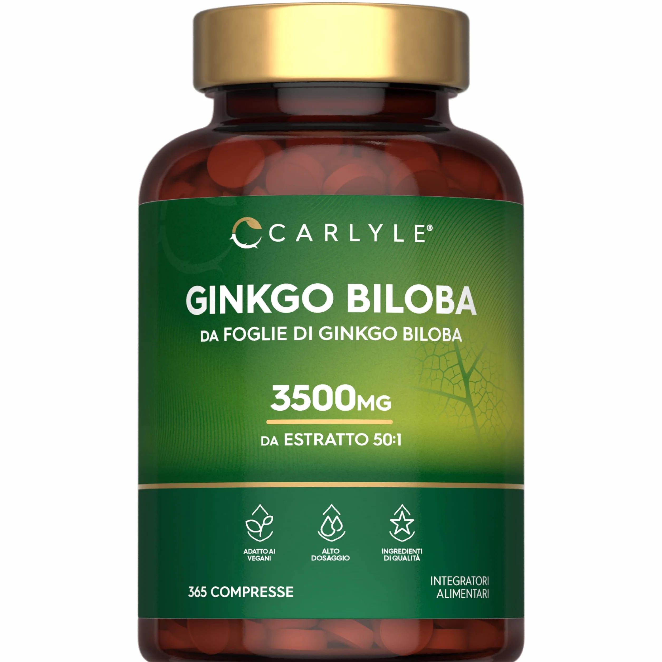 Ginkgo Biloba 3500mg | 365 Compresse | Capsule di estratto di Ginkgo | Fornitura per 1 anno | Alto Dossagio | Carlyle
