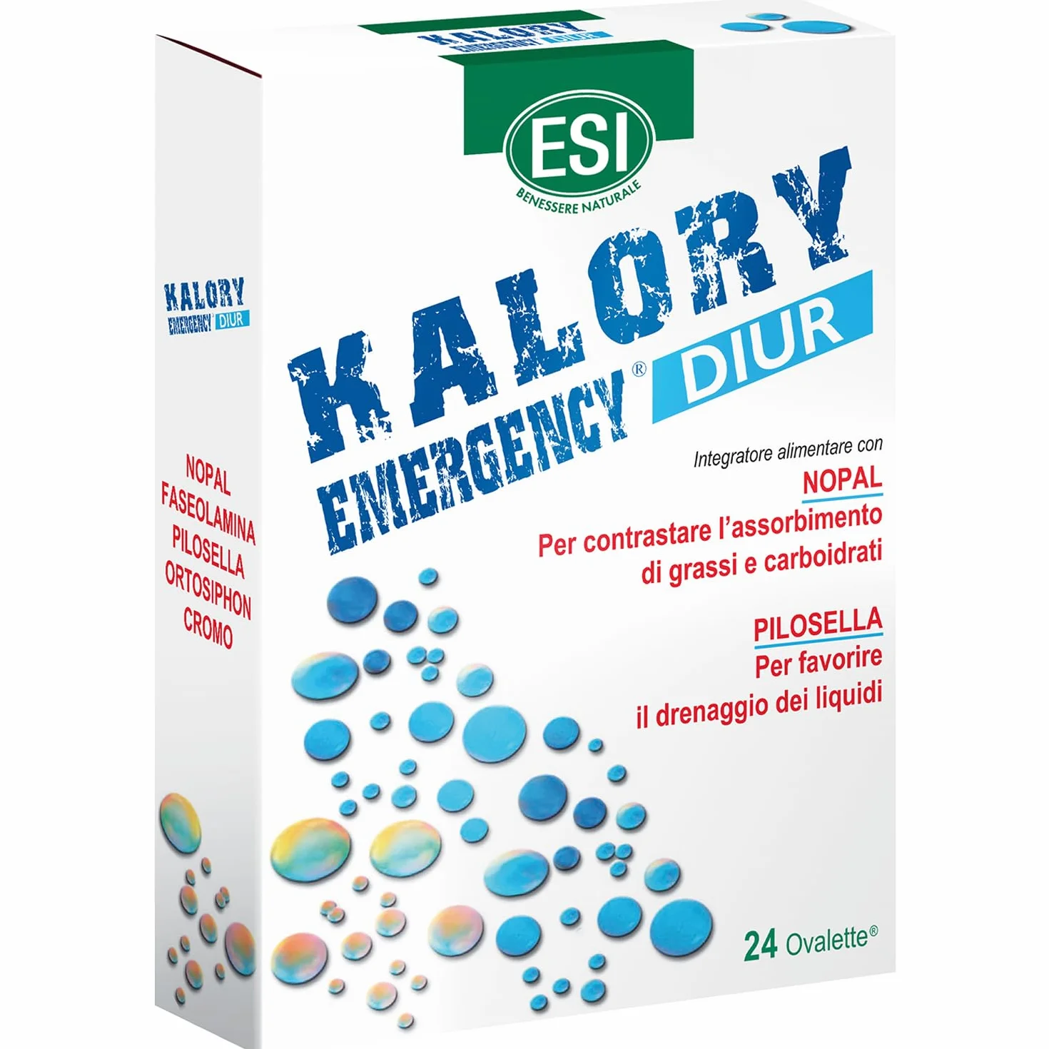 ESI Kalory Emergency Diur Integratore Alimentare Con Nopal E Pilosella, Drenaggio Liquidi, Senza Glutine, 24 Ovalette
