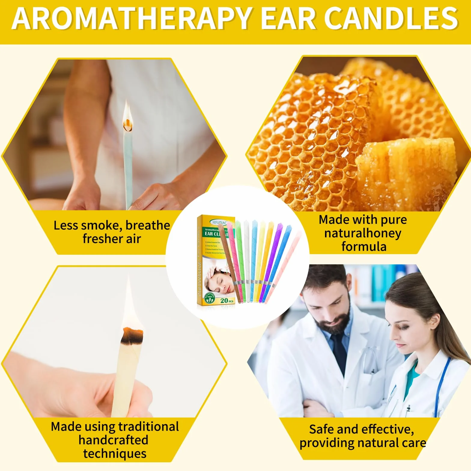20 Candele per orecchie, candele per cerume, candele coniche, rimozione del cerume, kit per candele per rimozione del cerume con cera d'api organica naturale per orecchie bloccate