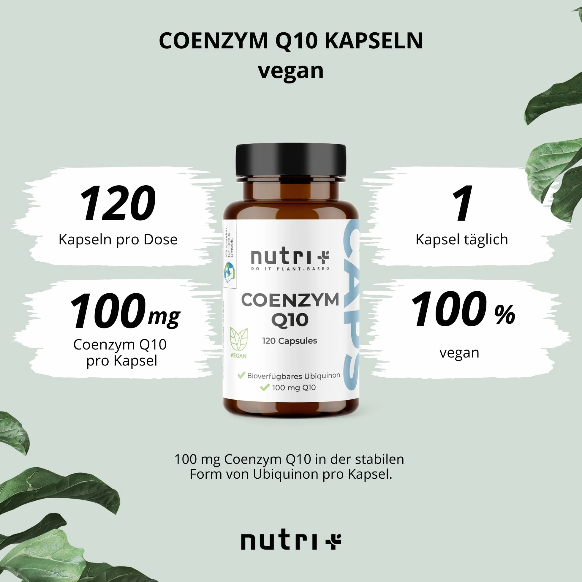 Nutri + Q10 Capsule alto Dosaggio - 120 Pillole 100 mg di Coenzima Q 10 per Capsula - Ubichinone vegano alta Qualità da Fermentazione senza Additivi inutili