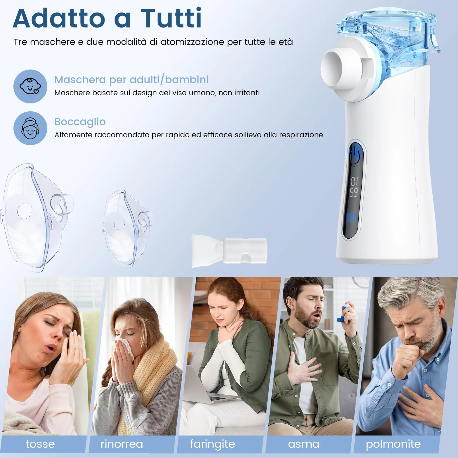 Nebulizzatore ad Ultrasuoni Portatile 85g Silenzioso 30dB 2 Modalità Display Digitale Autopulizia