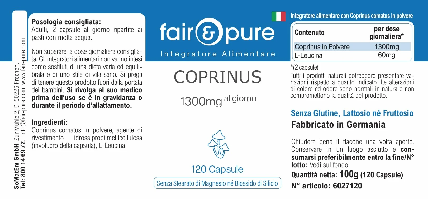 Fair & Pure Capsule di Coprinus 1300mg dose giornaliera, 120 pezzi, fungo coprinus, integratore alimentare vegano senza additivi, prodotto in Germania