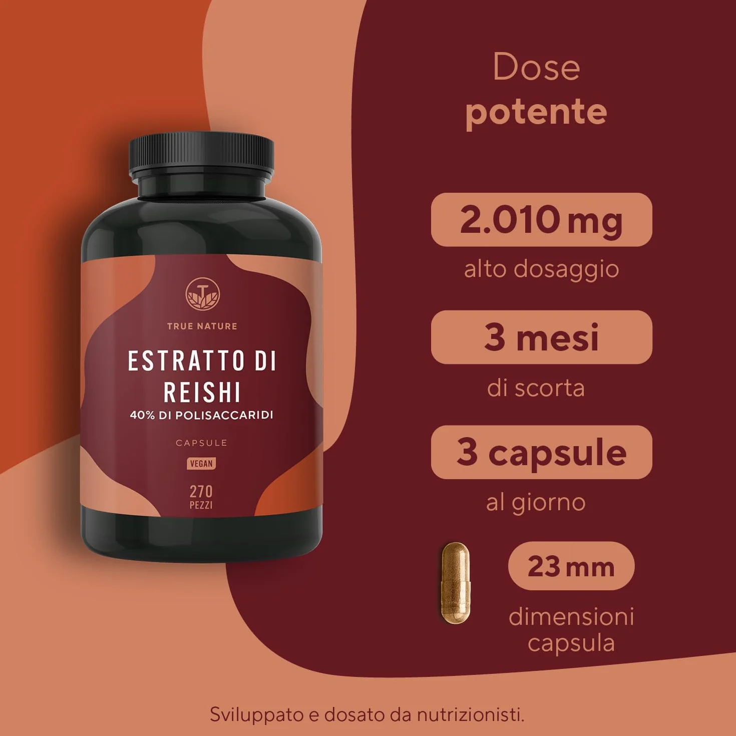 Reishi - 270 Capsule (Big Pack) - 20.100mg al giorno - Alto dosaggio - 40% di polisaccaridi bioattivi - Ganoderma Lucidum puro - fungo cinese Reishi - Vegano, testato in laboratorio - TRUE NATURE