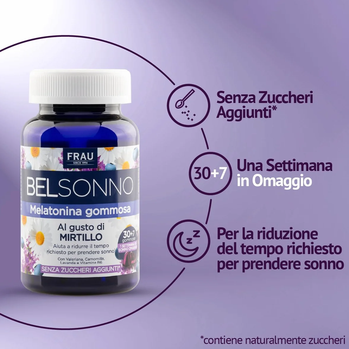 FRAU BEL SONNO Caramelle di Melatonina Gommosa con Valeriana, Camomilla, Lavanda e Vitamina B6, Gusto Mirtillo