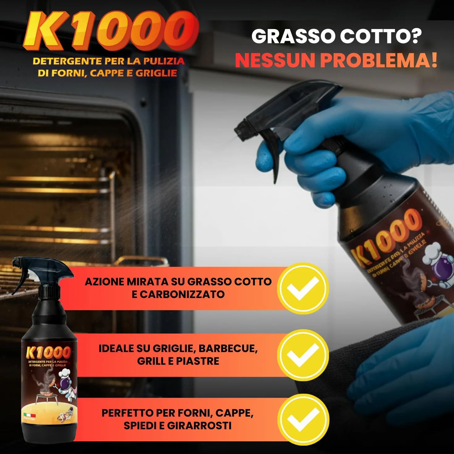 Detergente Pulizia Forno K1000 Sgrassatore 750 ml Made in Italy