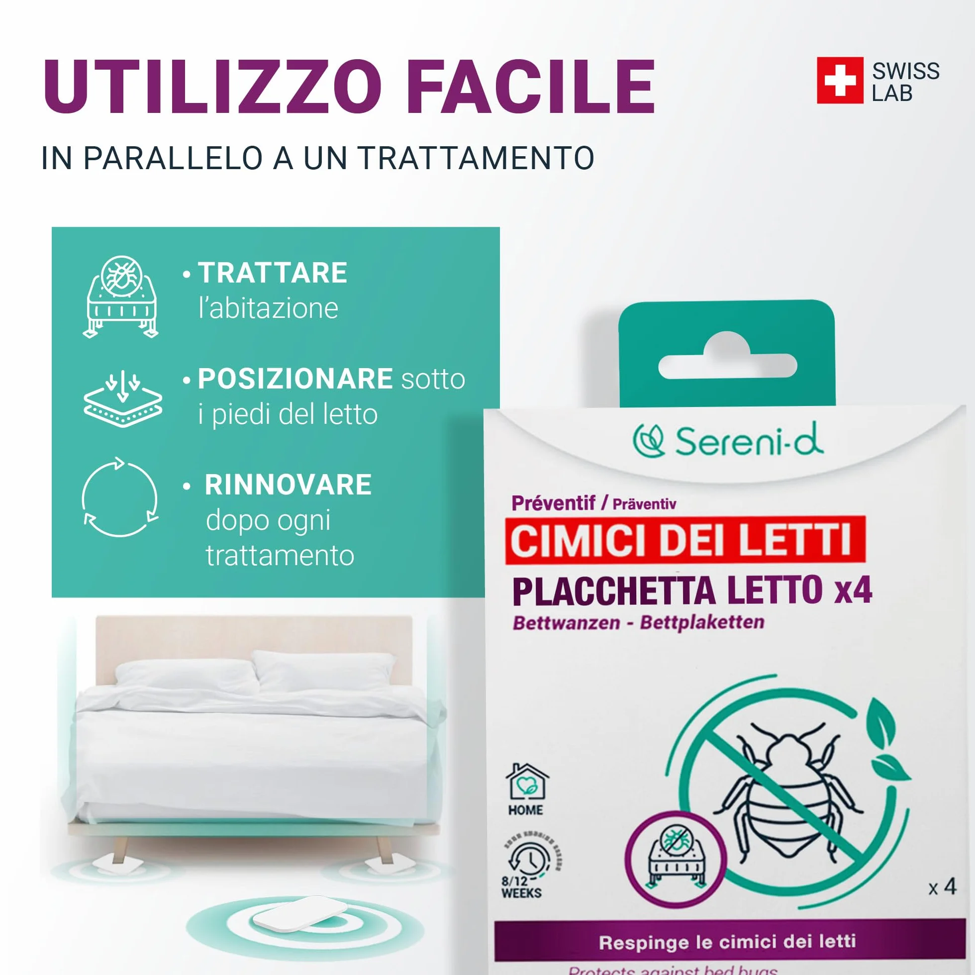 Sereni-d SWISS LAB PIASTRE LETTO repellenti per CIMICI DEI LETTI x4