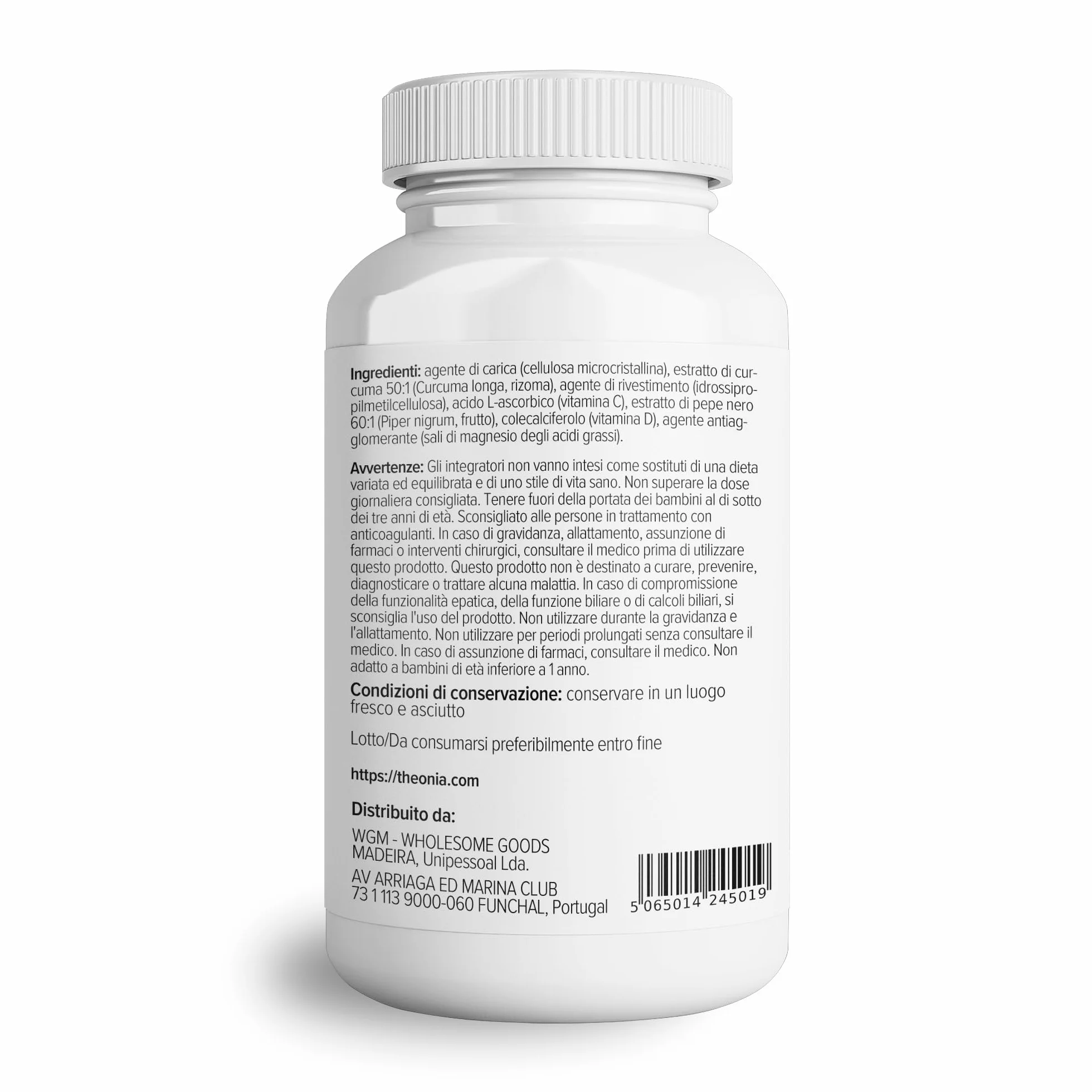 Theonia Curcuma Complesso con Vitamina D3 e C, Pepe Nero - 60 Capsule Vegane