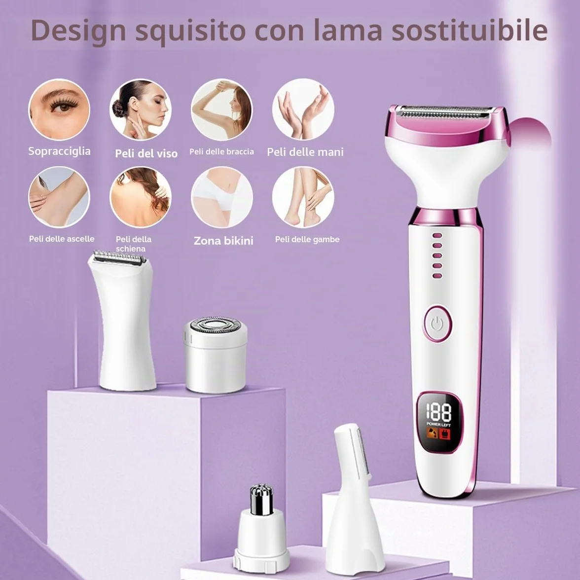 Rasoio Elettrico Donna, 5 in 1 Epilatore Viso Elettrico, Rasoio Parti Intime Donna, indolore Depilatore Elettrico Portatile per Corpo, Le Ascelle,La Linea Del Bikini,Le Sopracciglia e Il Peli Naso