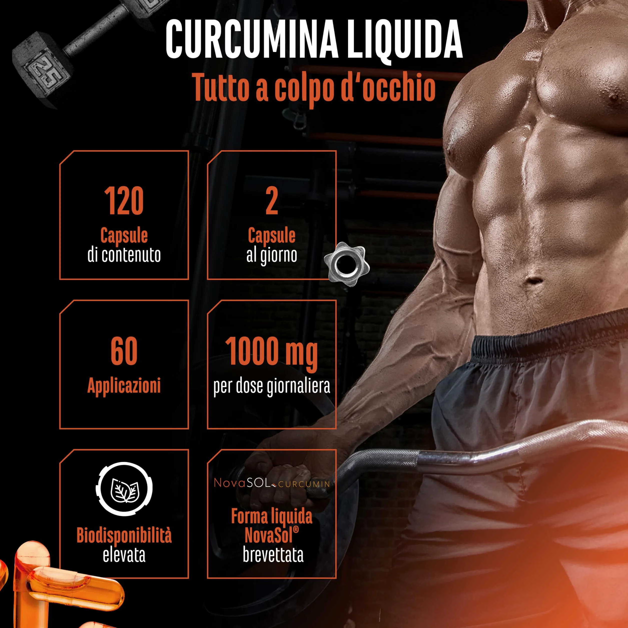 Curcuma NovaSol® 120 capsule liquide 1000 mg curcumina dose giornaliera tecnologia brevettata NovaSOL® biodisponibilità 185 volte superiore vegano