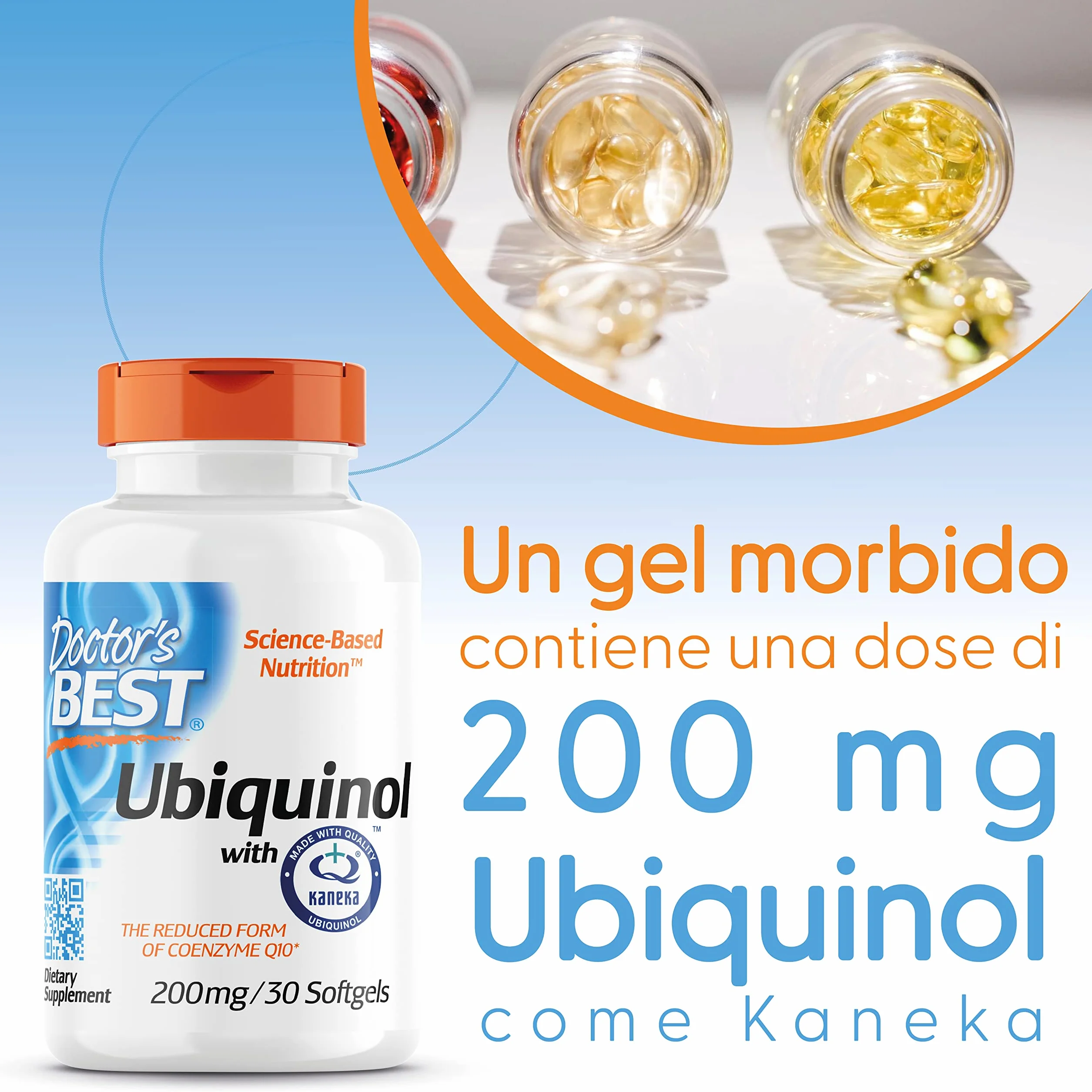 Doctor's Best, Ubiquinol, con Kaneka QH Ubiquinol, 200mg, 30 Capsule morbide, Coenzima Q10, Altamente Dosato, Testato in Laboratorio, Senza Soia, Senza Glutine, non OGM