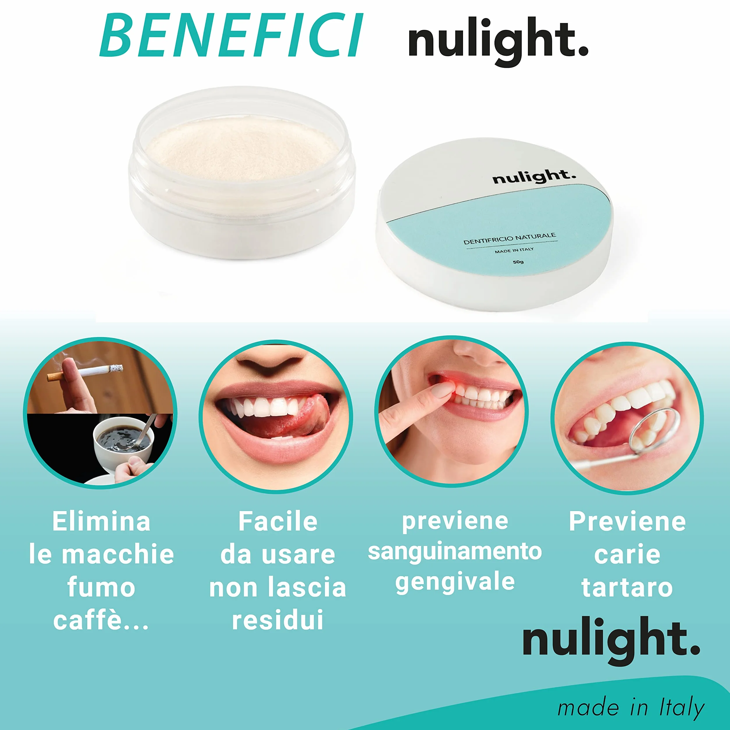 Nulight Dentifricio in Polvere per Sbiancamento Denti Professionale Senza Fluoro per Gengive e Denti Bianchi Sensibili Made in Italy Vegano Bambini e Adulti 50g (1)