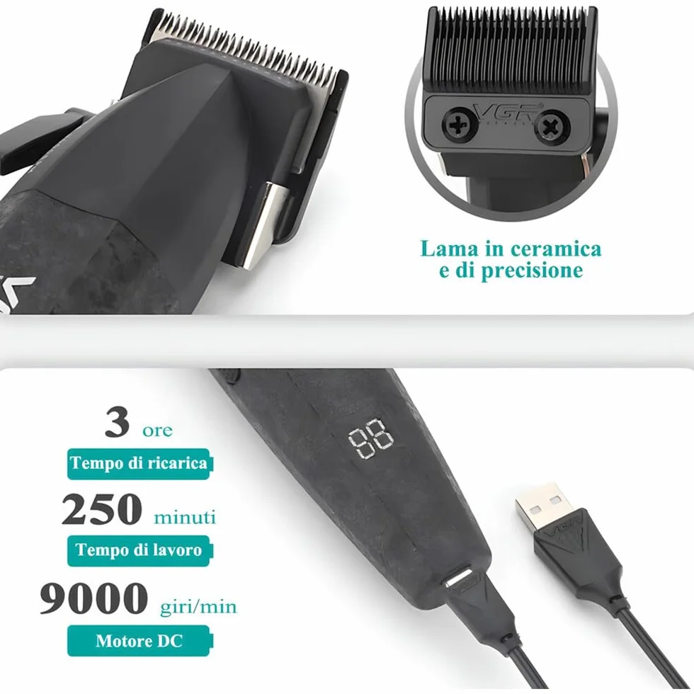 Vetrineinrete® Coppia di rasoi tagliacapelli VGR HAIR TRIMMERR E CLIPPER ricaricabili con display 9000rpm leva conica