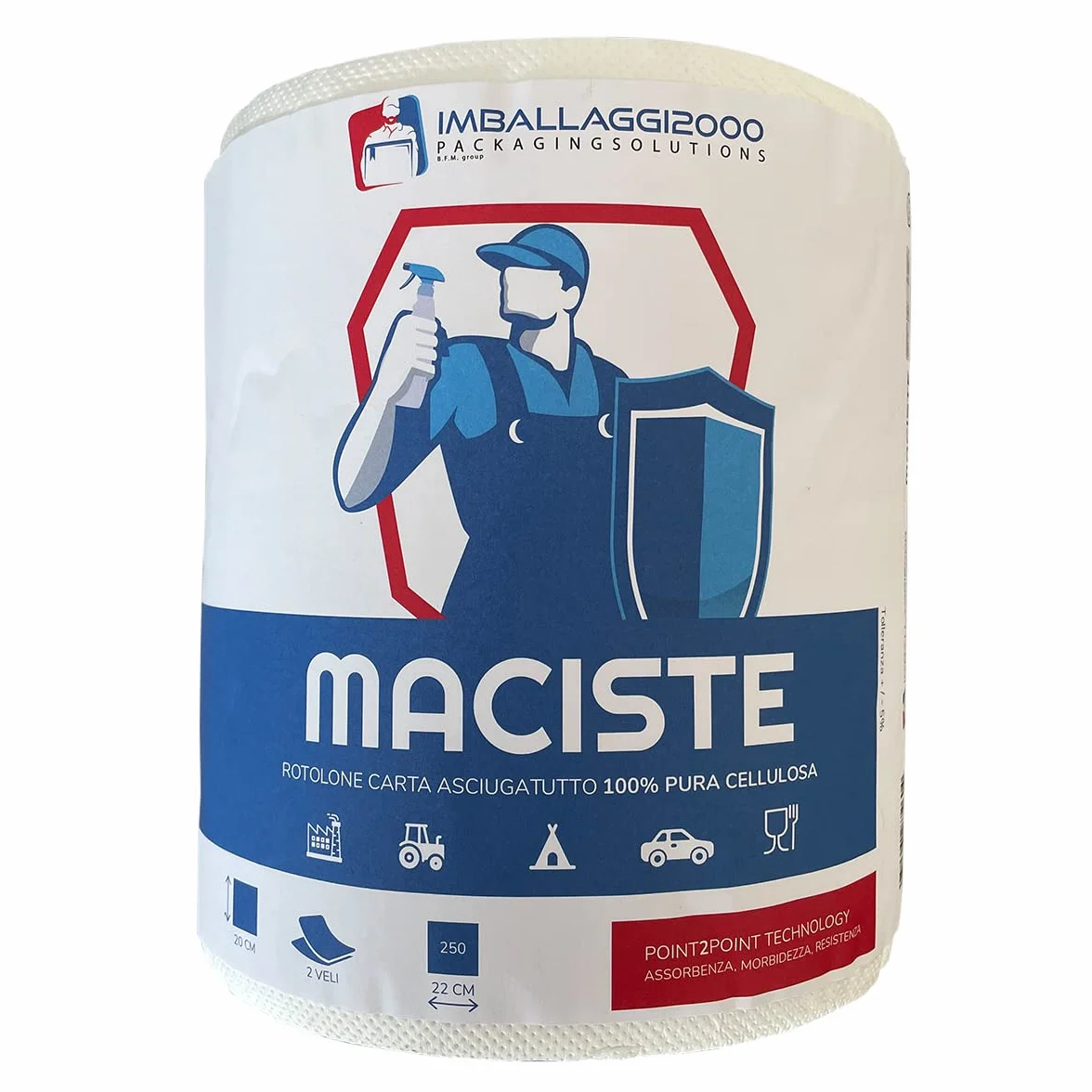 IMBALLAGGI 2000 Maciste Rotoloni Asciugatutto 12 Pz 250 Strappi 20x22 cm Carta Cucina 2 Veli Cellulosa Assorbente Bobina 20Hx18Ø